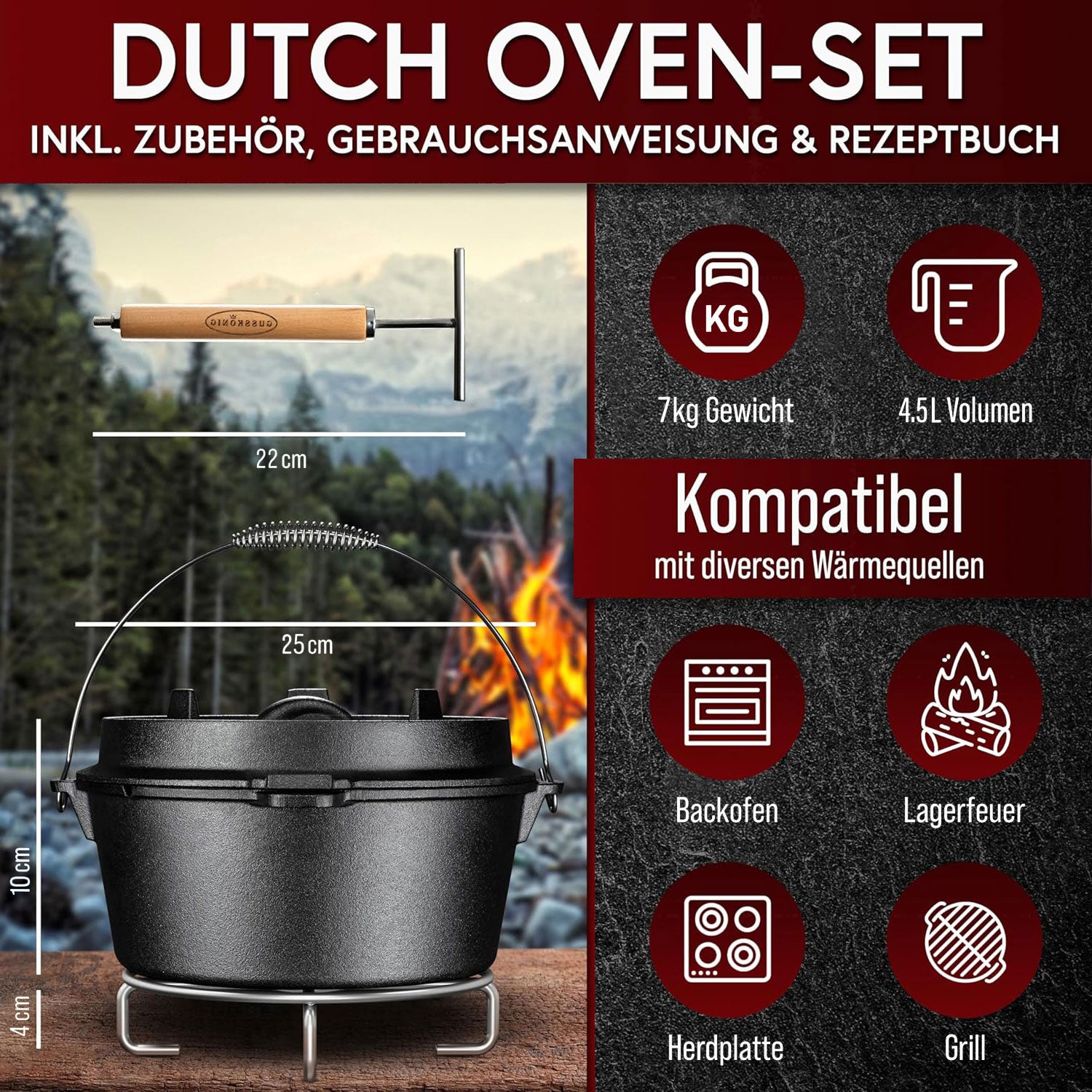 Eingebrannter Holz-Set 9-teilig – Dutch oven in Holzbox mit Bratpfanne + robustem Saucentopf + Untersetzer + 2in1 Deckelheber – inkl. Echtleder + Griffschutz +  Pflegepaste + Rezeptbuch + Gebrauchsanweisung
