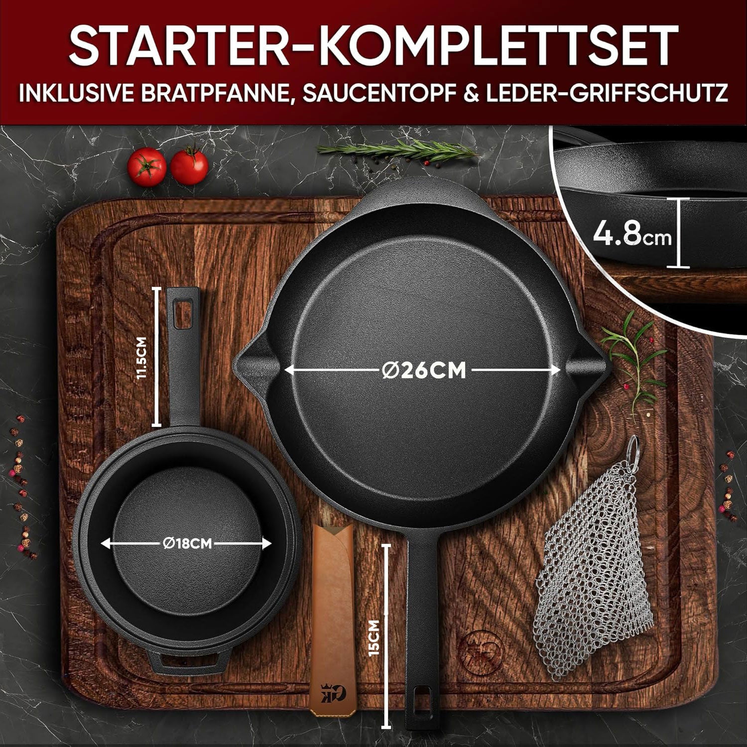 Eingebrannter Holz-Set 11-teilig – Dutch Oven in Holzbox mit Bratpfanne + robustem Saucentopf + Grillplatte + Untersetzer + 2in1 Deckelheber + Ringreiniger + Griffschutz – inkl. Pflegepaste + Rezeptbuch + Gebrauchsanweisung