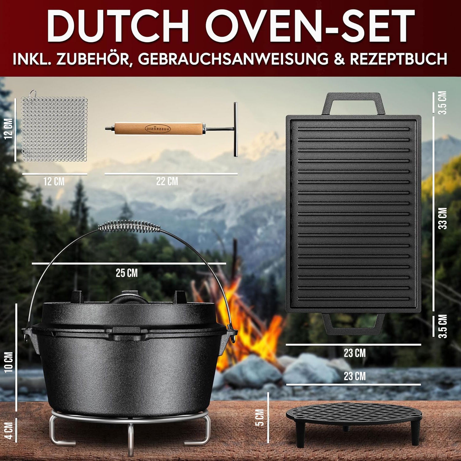 Eingebrannter Holz-Set 14-teilig – Dutch Oven in Holzbox mit Bratpfanne + robustem Saucentopf + Grillplatte + 2 Stk Mini Dutch Oven + Untersetzer + 2in1 Deckelheber + Ringreiniger + Stapelrost + Griffschutz – inkl. Pflegepaste + Rezeptbuch