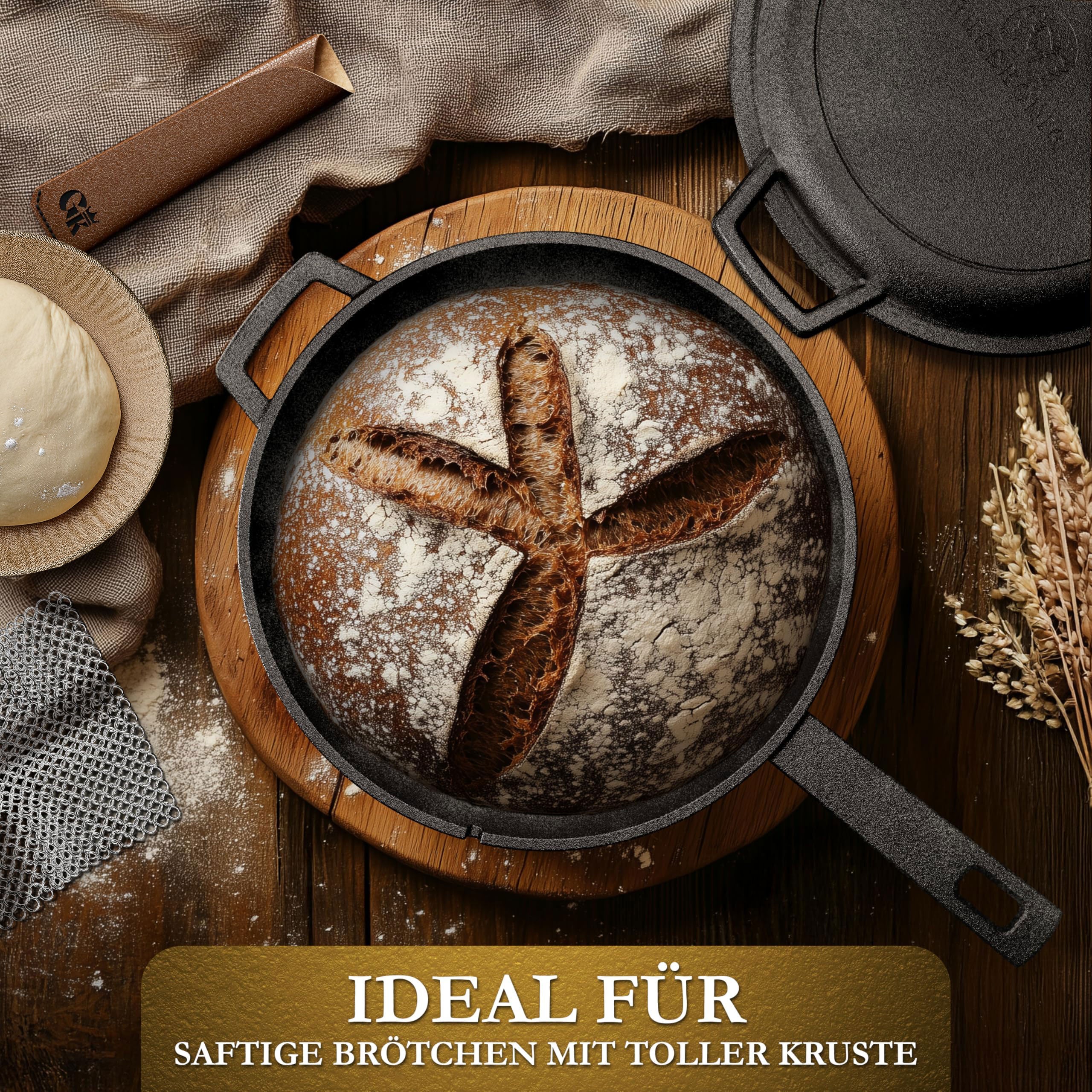 Eingebrannter Gusseisen 3L Topf & 1,5L Pfanne zum Brotbacken mit Deckel – inkl. Gärkörbchen + Echtleder-Griffe + Pflegepaste +  Rezeptbuch + Gebrauchsanweisung