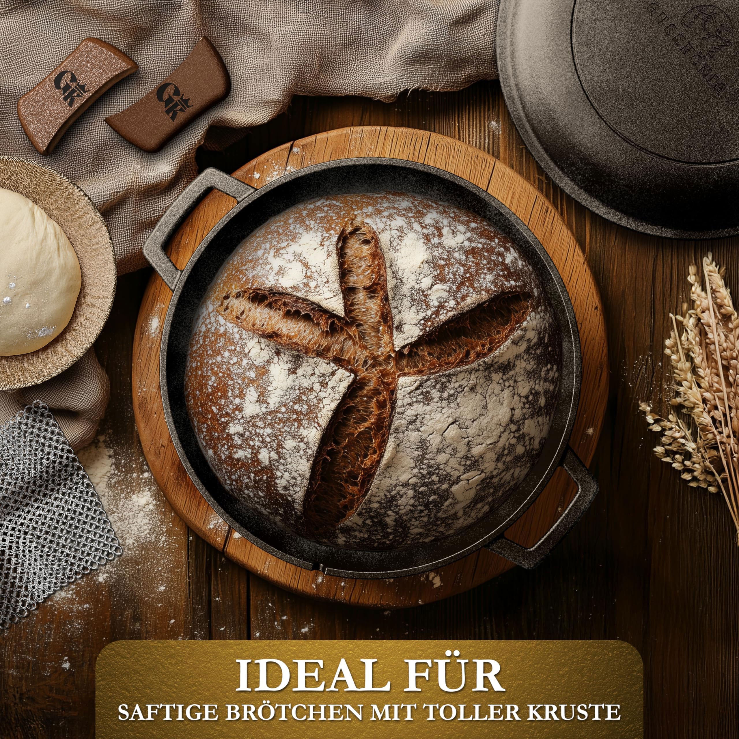 Eingebrannter Gusseisen 4,8L Topf & 1,8L Pfanne zum Brotbacken mit Deckel – inkl. Gärkörbchen + Echtleder-Griffe + Pflegepaste +  Rezeptbuch + Gebrauchsanweisung