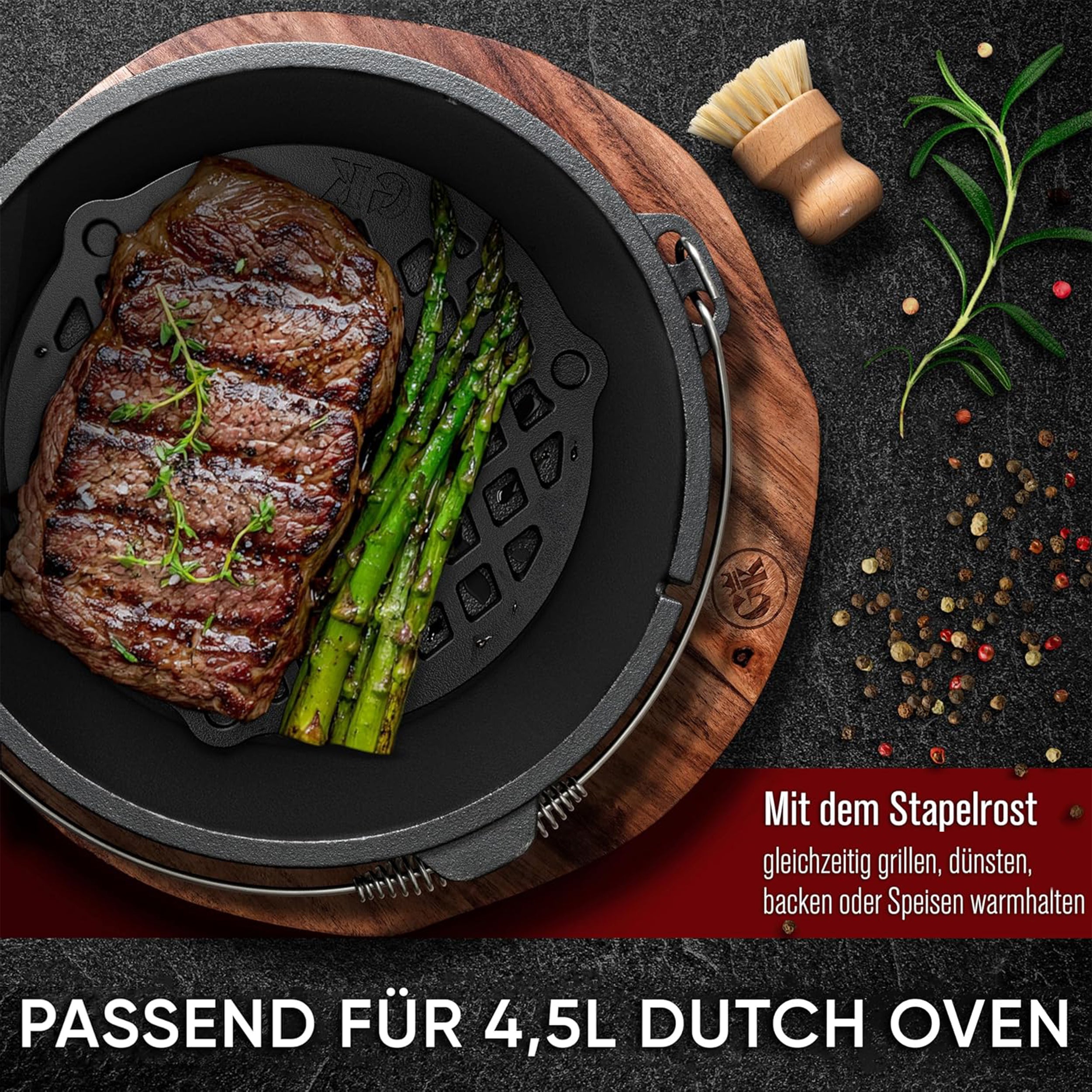 Gusseisen Stapelrost für Dutch Oven [4,5L] zum Dünsten von Lebensmitteln  inkl Pflegepaste