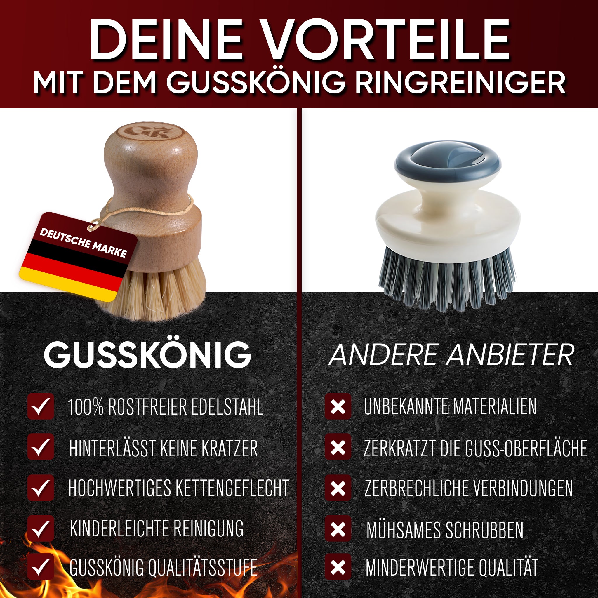 GUSSKÖNIG Holz-Spülbürste mit natürlichen Sisalborsten – schonende Bürste für Gusseisen, Töpfe & Pfannen