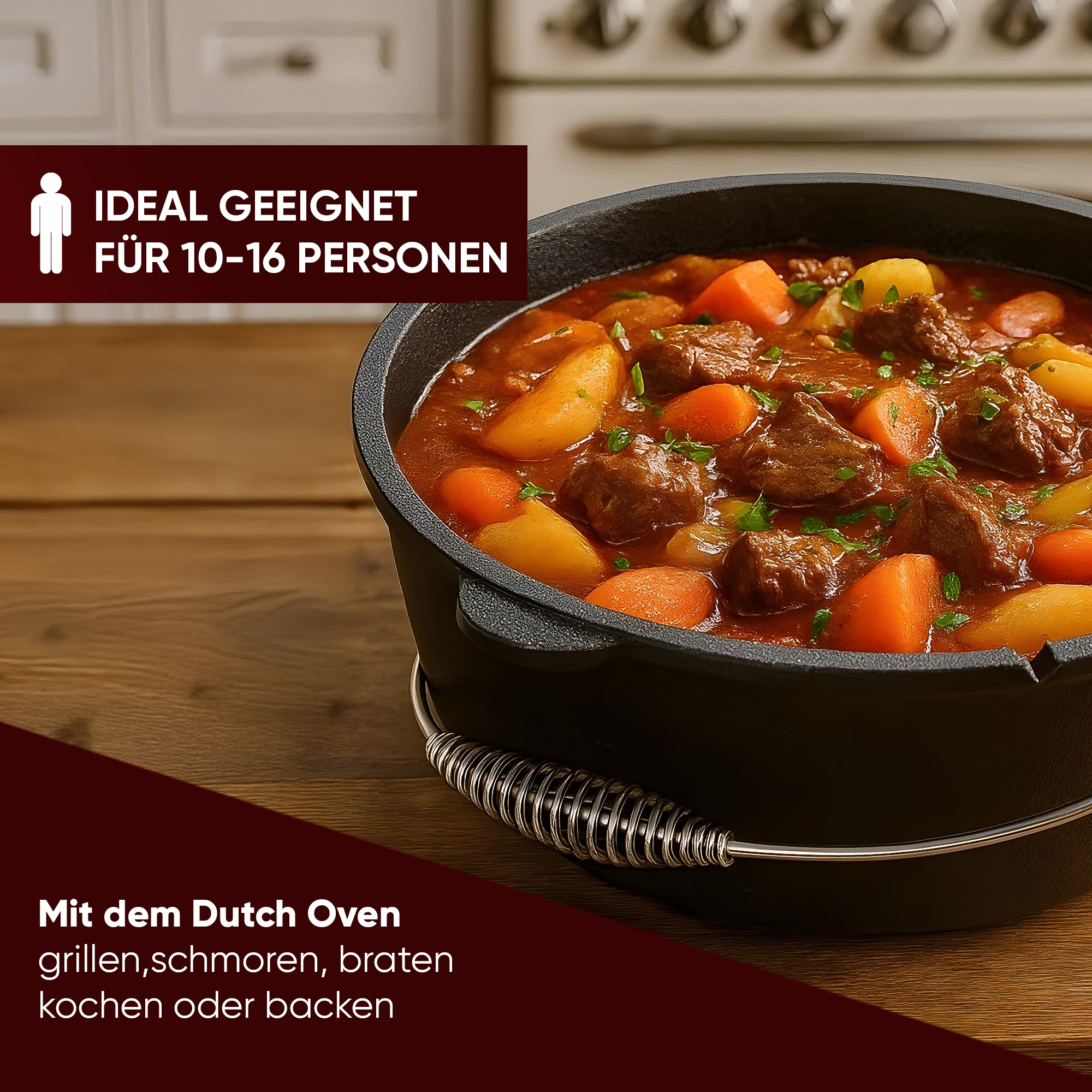12 L ohne Füße Eingebrannter Dutch Oven Set – inkl. 2in1 Deckelheber + Untersetzer + Bürste + Pflegepaste + Rezeptbuch + Gebrauchsanweisung – Schmortopf Doppelfunktion  [für 10-16 Personen]