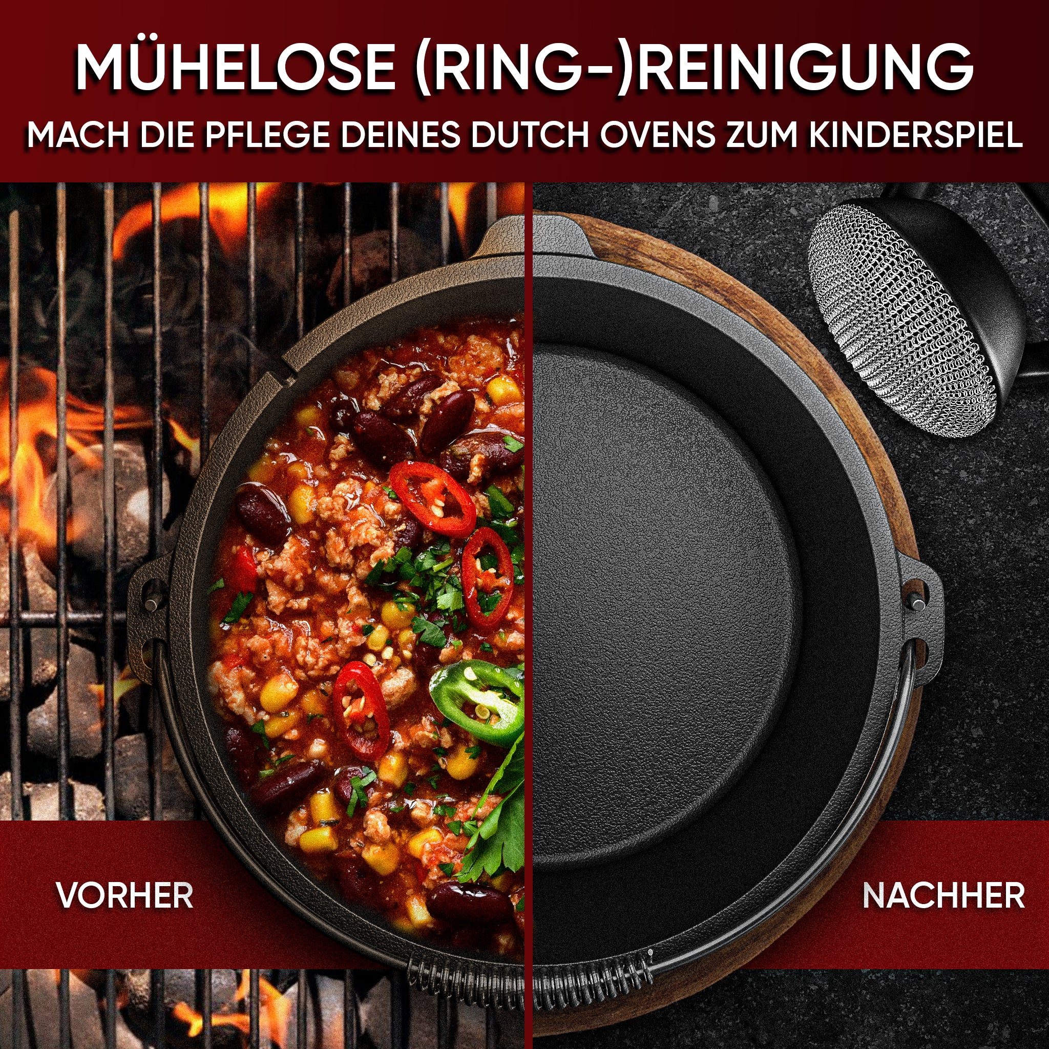 Gusseisen Ringreiniger- Hochwertiger Edelstahl Ringreiniger für Effektive und schonende Reinigung von Gusseisenprodukten - Schützt Patina (Ringreiniger mit Silikongriff)