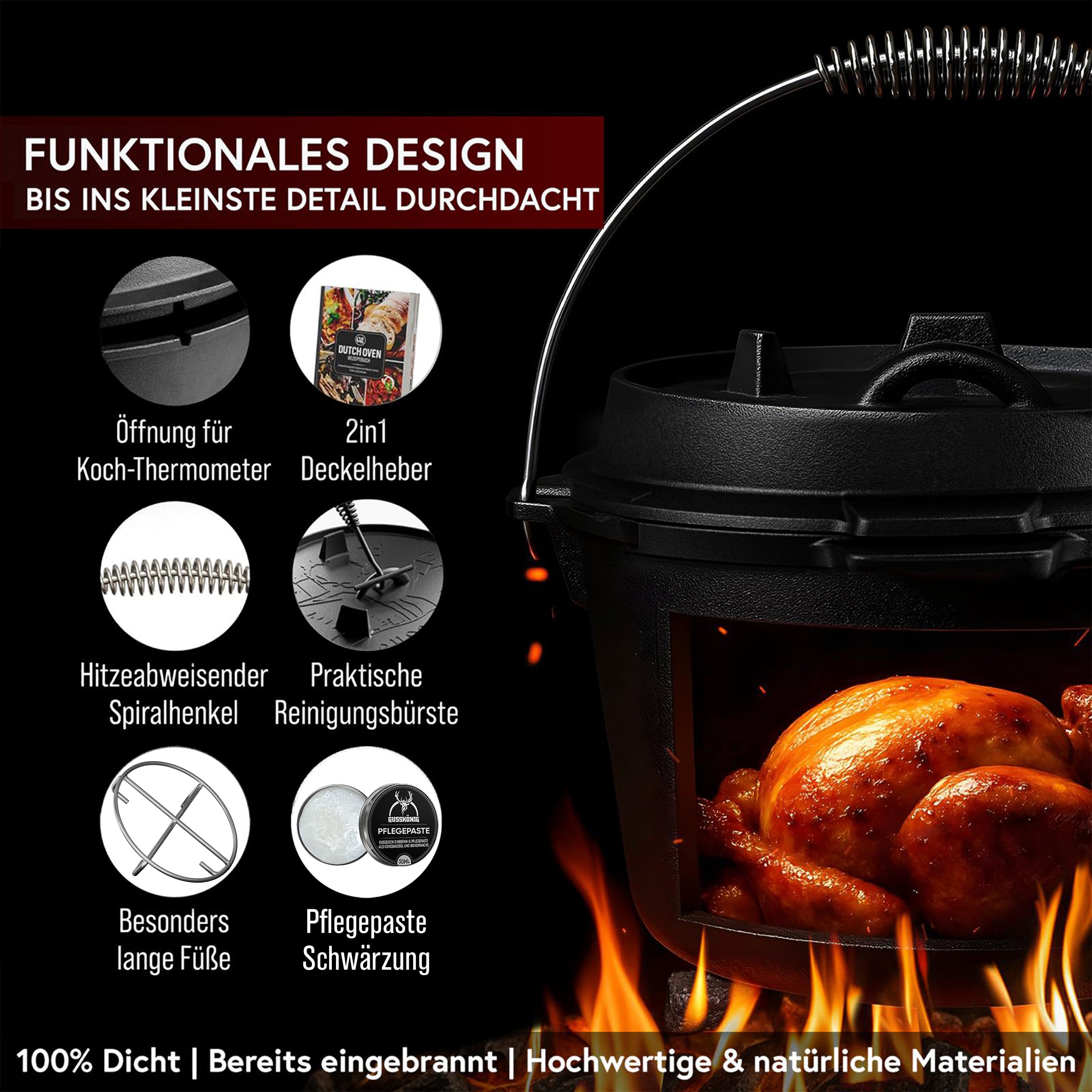 4,5L ohne Füße Klassisch Dutch Oven Set – inkl. Deckelheber + Edelstahl-Untersetzer + Pflegepaste + Rezeptbuch + Gebrauchsanweisung– Schmortopf Doppelfunktion [für 2-4 Personen]