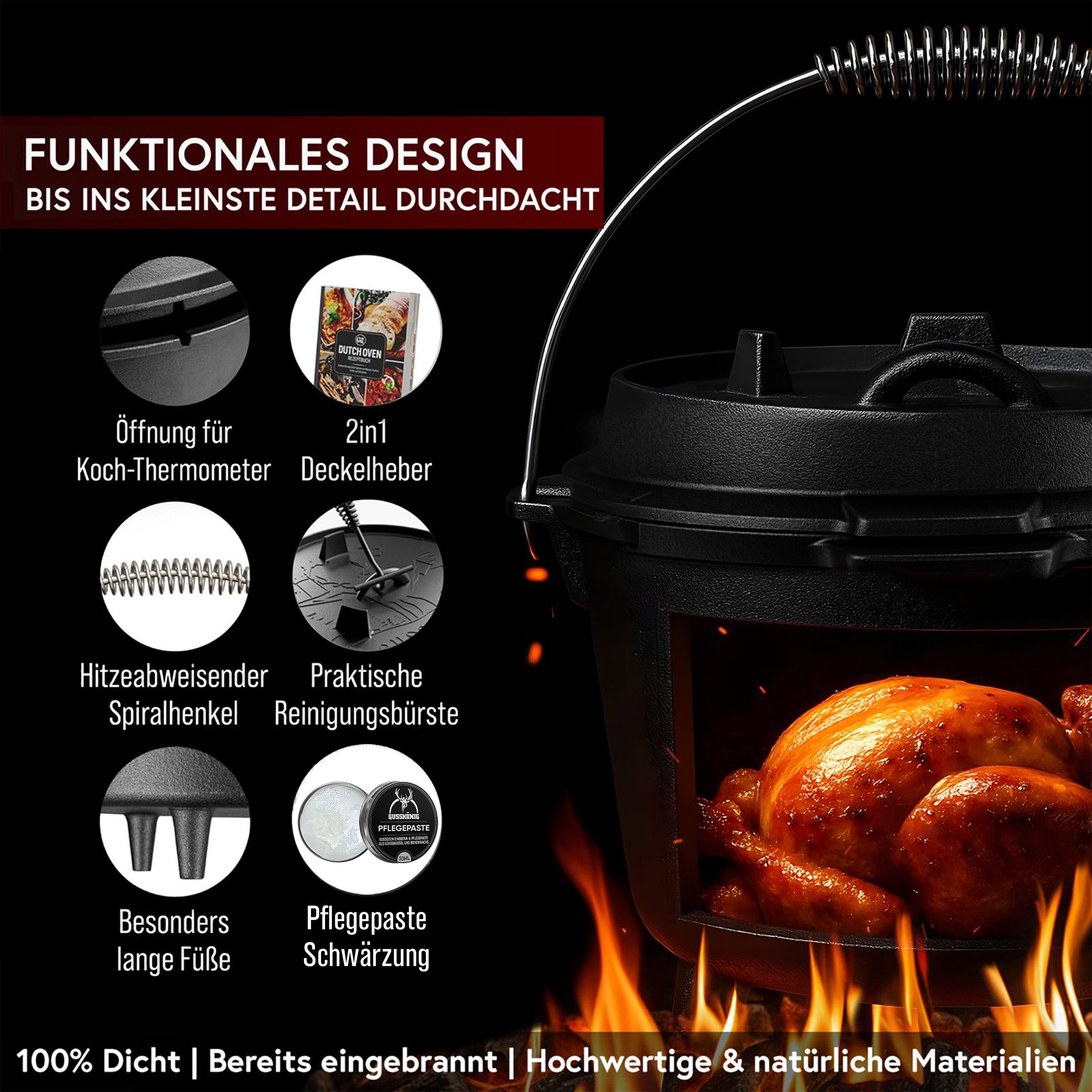 12 L ohne Füße Klassisch Dutch Oven Set – inkl. Deckelheber + Edelstahl-Untersetzer + Pflegepaste + Rezeptbuch + Gebrauchsanweisung– Schmortopf Doppelfunktion [für 10 -16 Personen]
