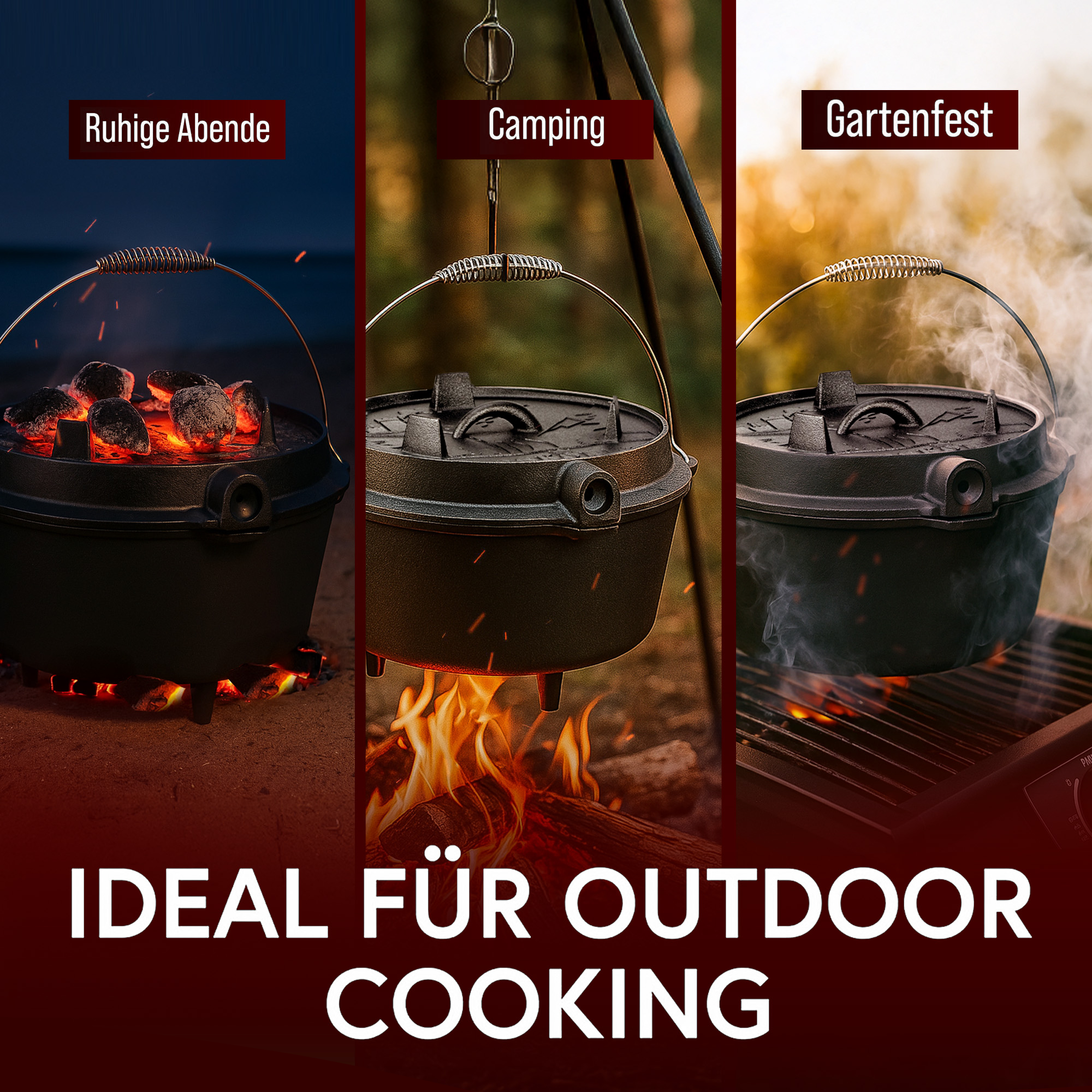 12 L mit Füße Eingebrannter Dutch Oven Set – inkl. 2in1 Deckelheber + Schrubber + Pflegepaste + Bürste + Rezeptbuch + Gebrauchsanweisung – Schmortopf Doppelfunktion [für 10-16 Personen]