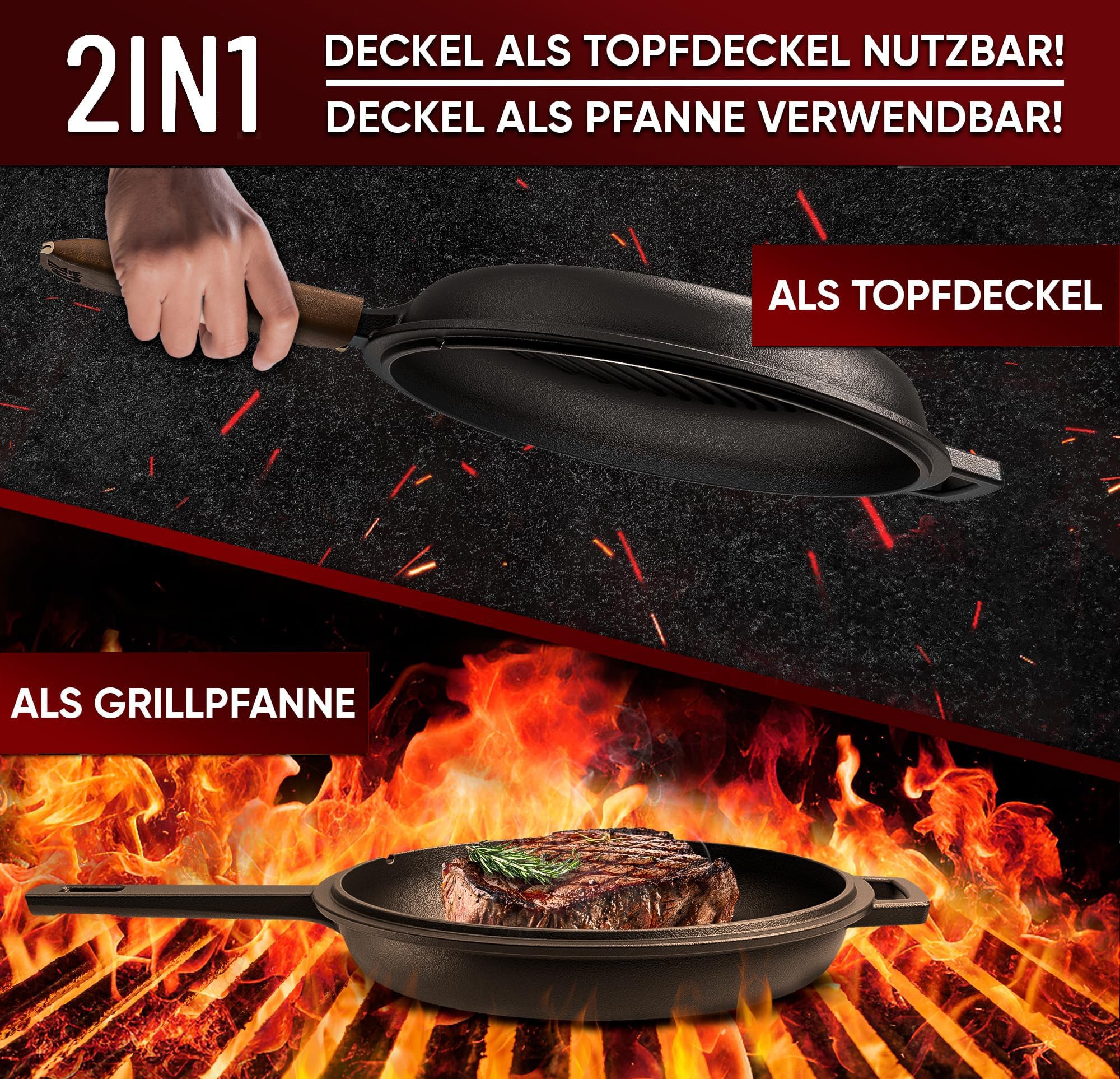 2in1 Pfanne Set – Gusseisen Topf 3L & Gusspfanne 1,5L – inkl. Ringreiniger + Pflegepaste + Echtleder-Griffe + Rezeptbuch + Gebrauchsanweisung – Schmortopf Doppelfunktion [für 2 - 4 Personen]