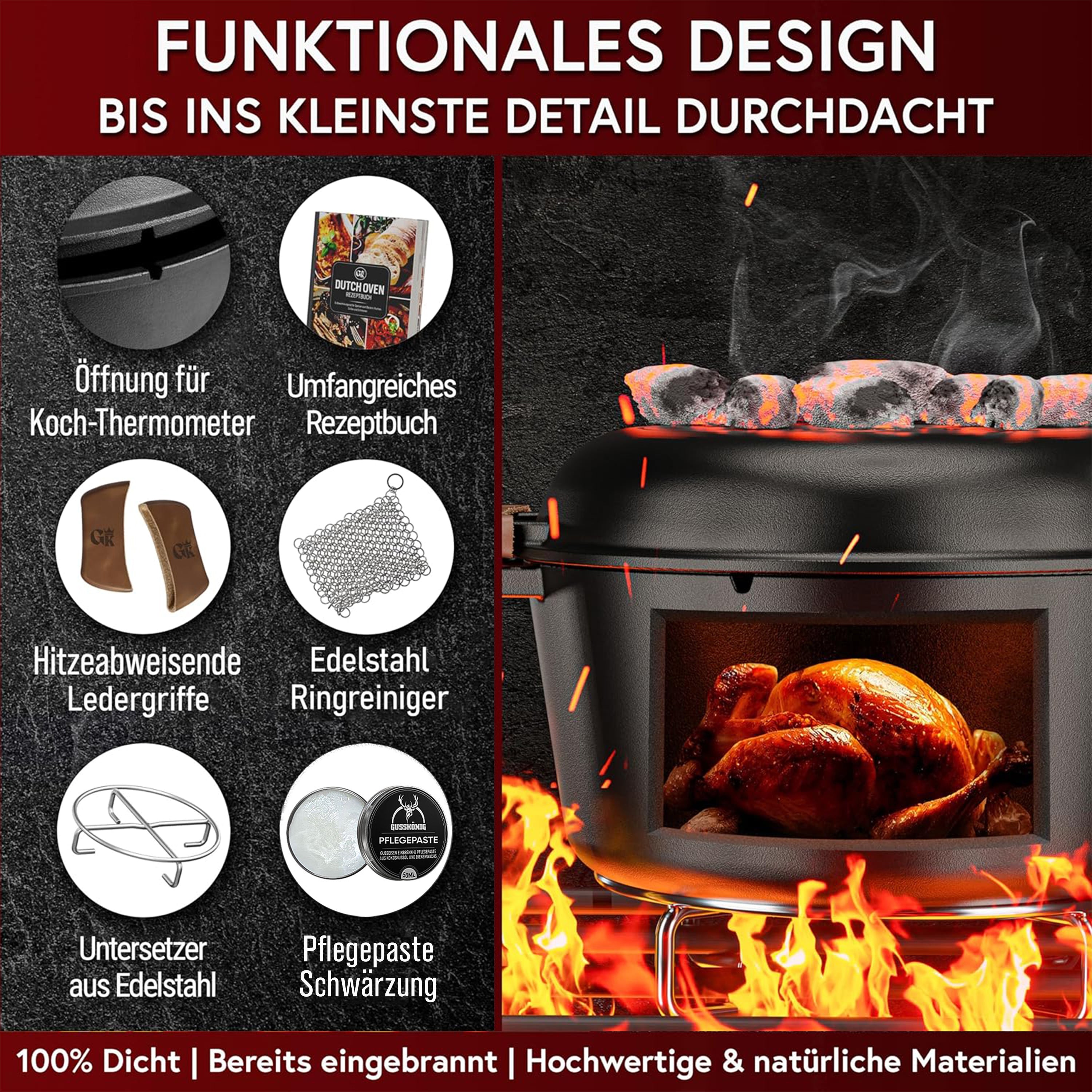 2in1 Dutch Oven Set – Gusseisen Topf 4,8L & Gusspfanne 1,8L – inkl. Ringreiniger + Pflegepaste + Untersetzer + Echtleder-Griffe + Gebrauchsanweisung – Schmortopf Doppelfunktion [für 3-6 Personen]