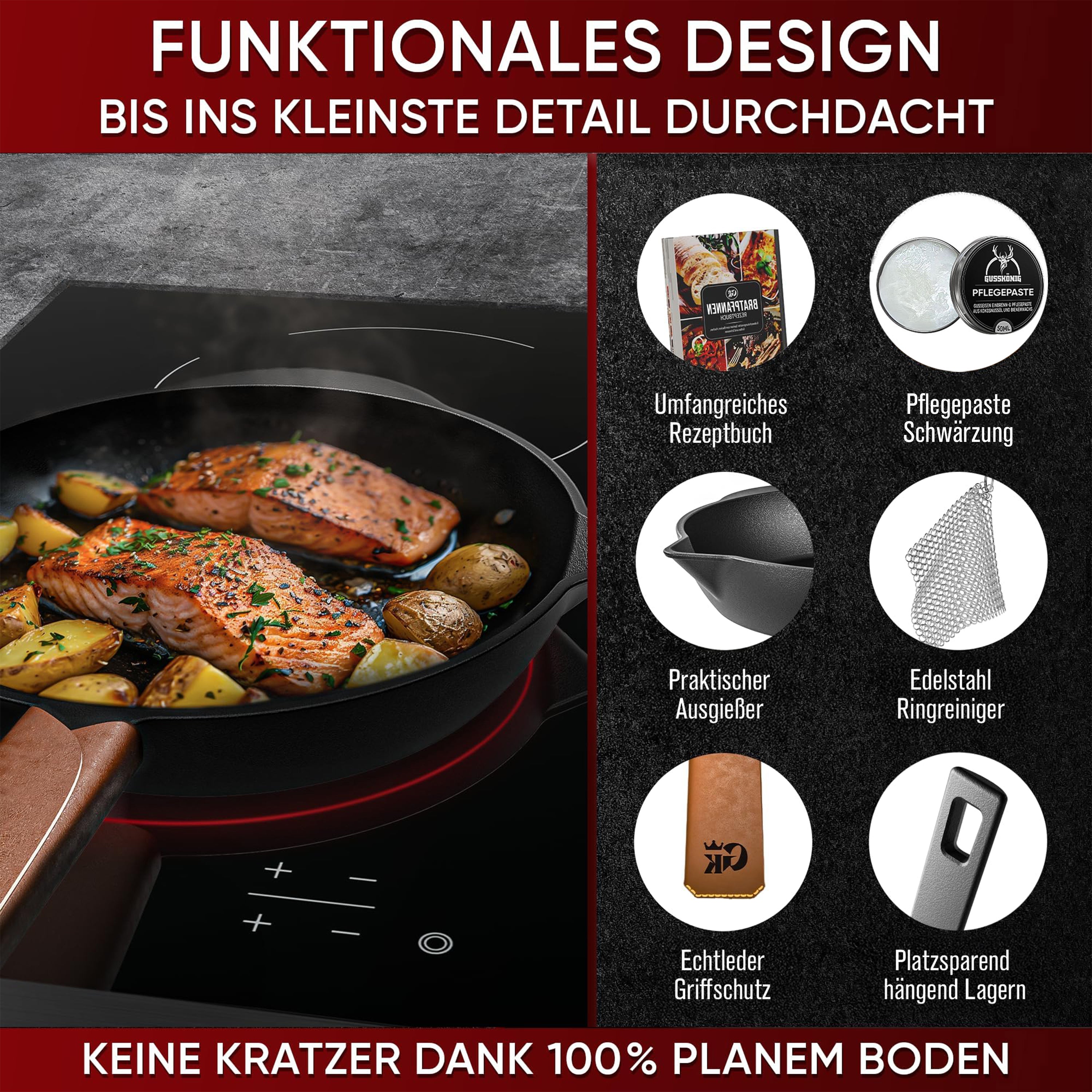 Eingebrannte Gusseisenpfanne 26cm – inkl. Ringreinige + Pflegepaste + Griffschutz aus echtem Leder + Rezeptbuch + Gebrauchsanweisung