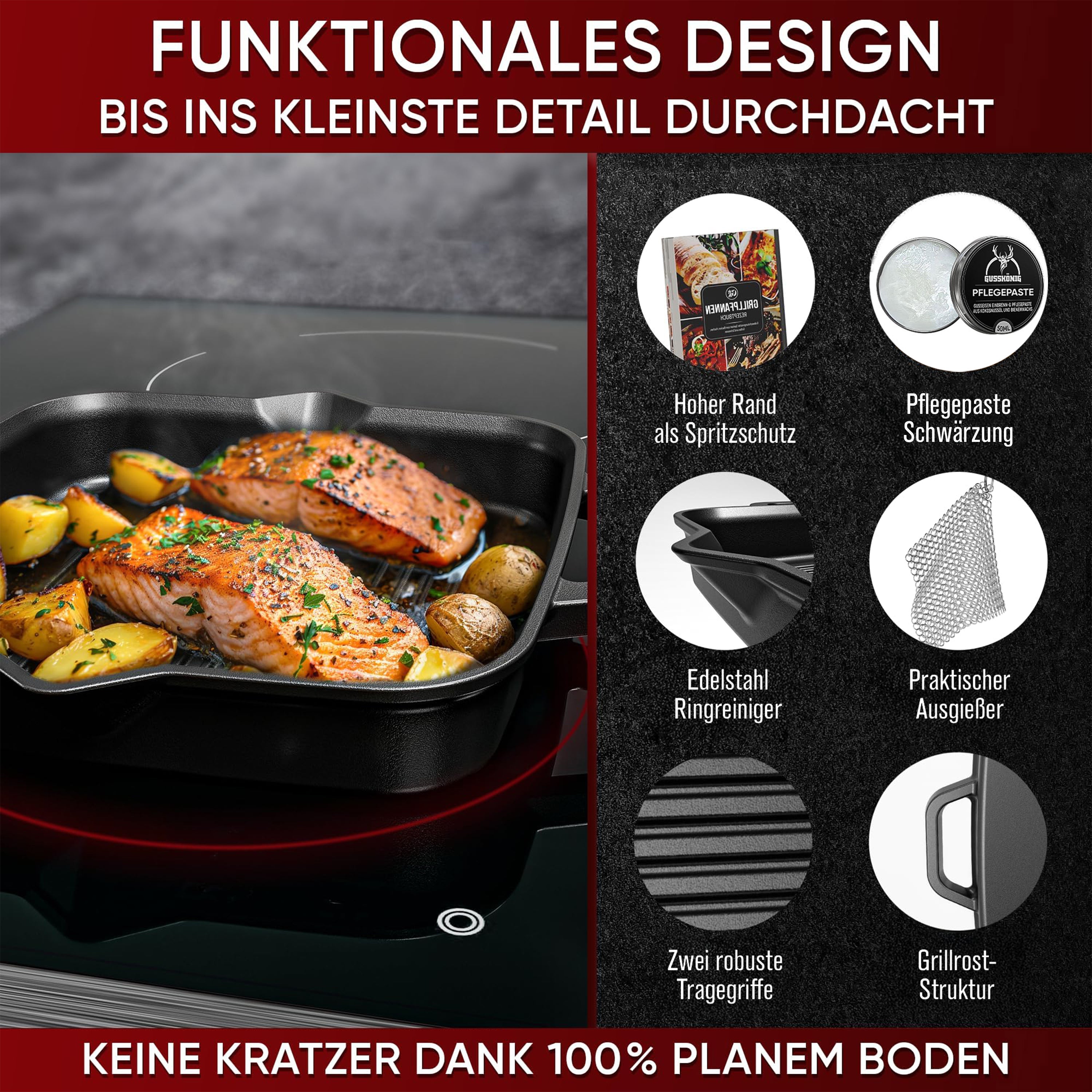 Eingebrannte Grillpfanne 26cm – inkl. Pflegepaste + Ringreiniger + Rezeptbuch + Gebrauchsanweisung