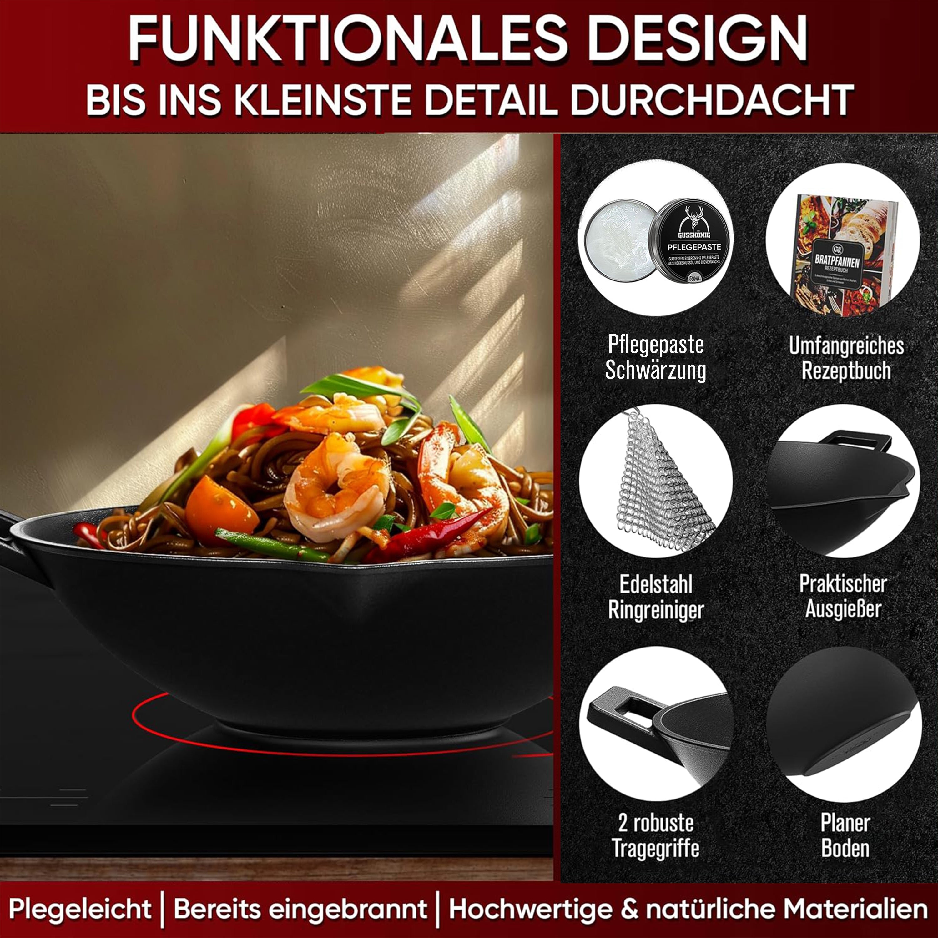 Eingebrannte Wok Pfanne 36cm –  inkl. Pflegepaste + Ringreiniger + Grillhandschuhe + Rezeptbuch + Gebrauchsanweisung