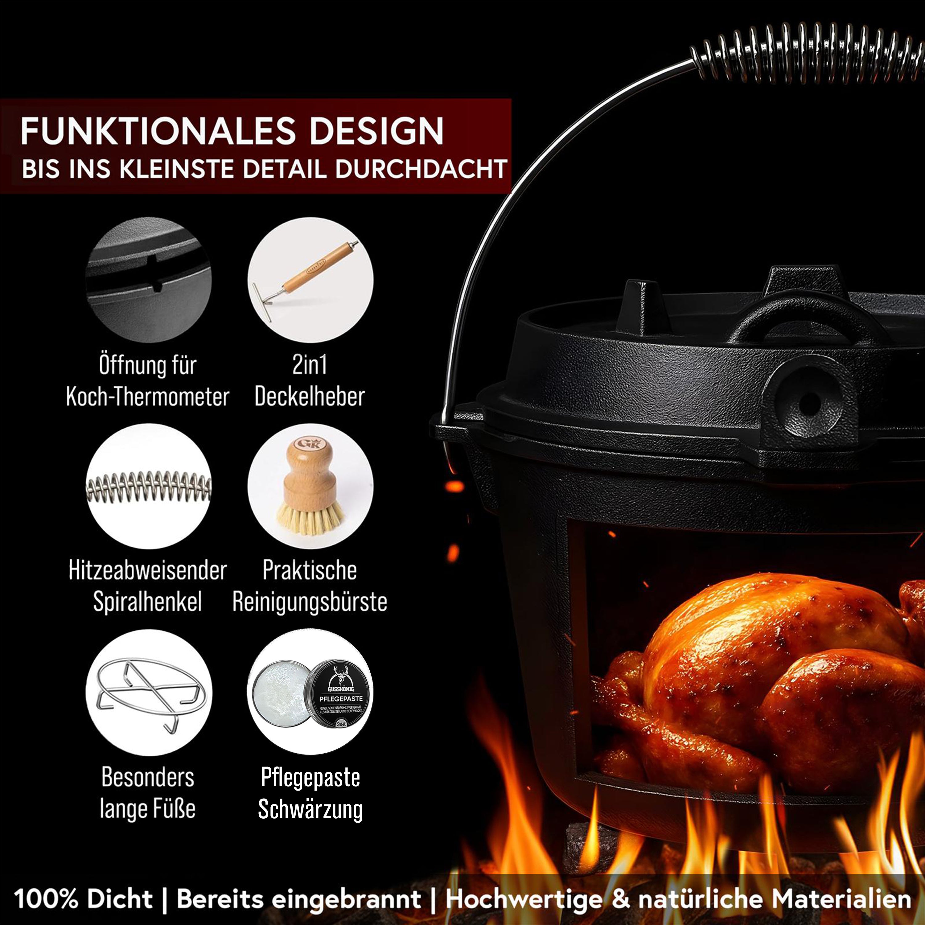 7 L ohne Füße  Eingebrannter Dutch Oven Set – inkl. 2in1 Deckelheber + Untersetzer + Bürste + Pflegepaste + Rezeptbuch + Gebrauchsanweisung – Schmortopf Doppelfunktion [für 3–6 Personen]