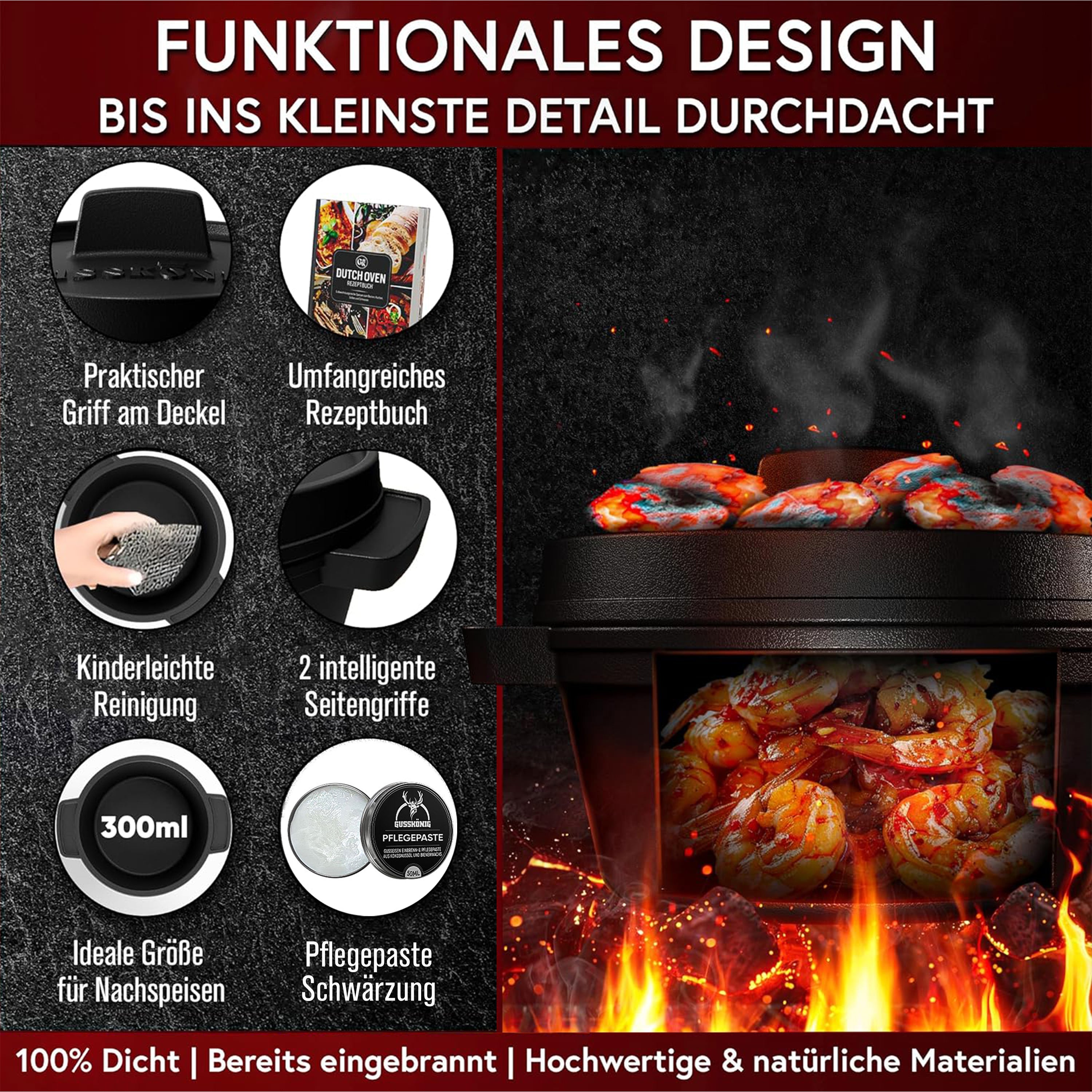 Eingebrannter 4× 300ml Mini Dutch Oven Set – inkl. Pflegepaste + Rezeptbuch + Gebrauchsanweisung