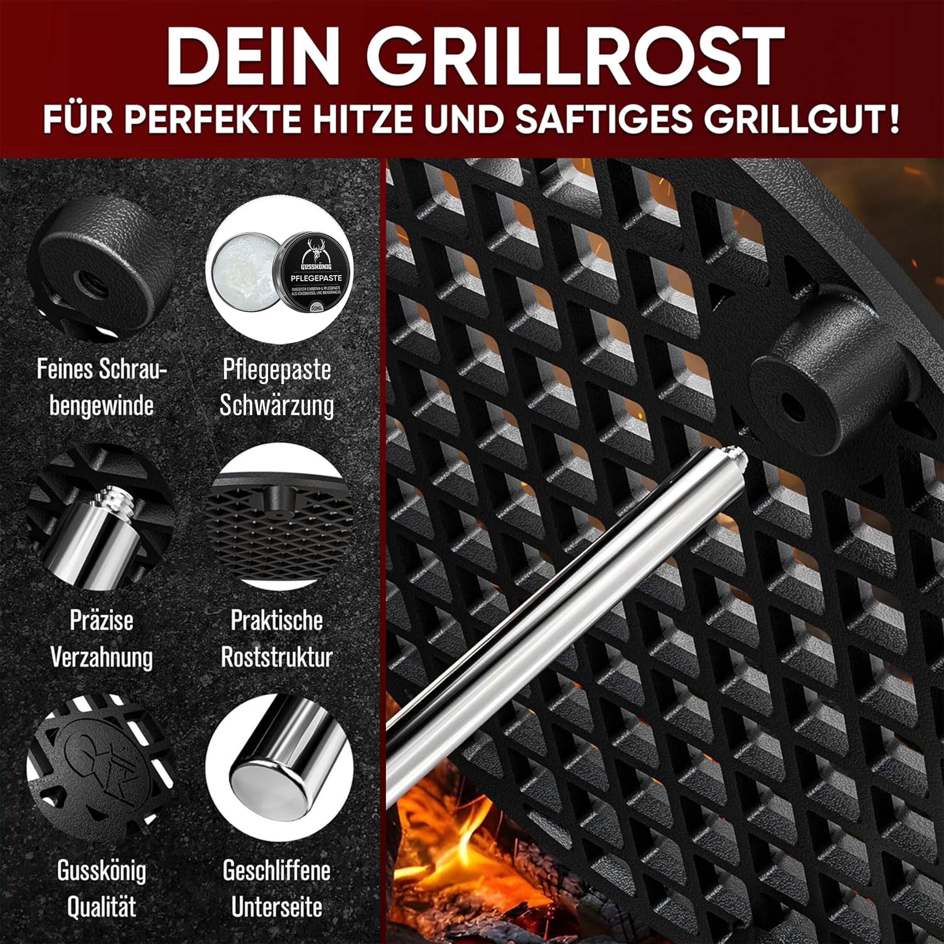 Eingebrannter Grillrost 20cm mit Beinen – inkl. Pflegepaste + Rezeptbuch + Gebrauchsanweisung