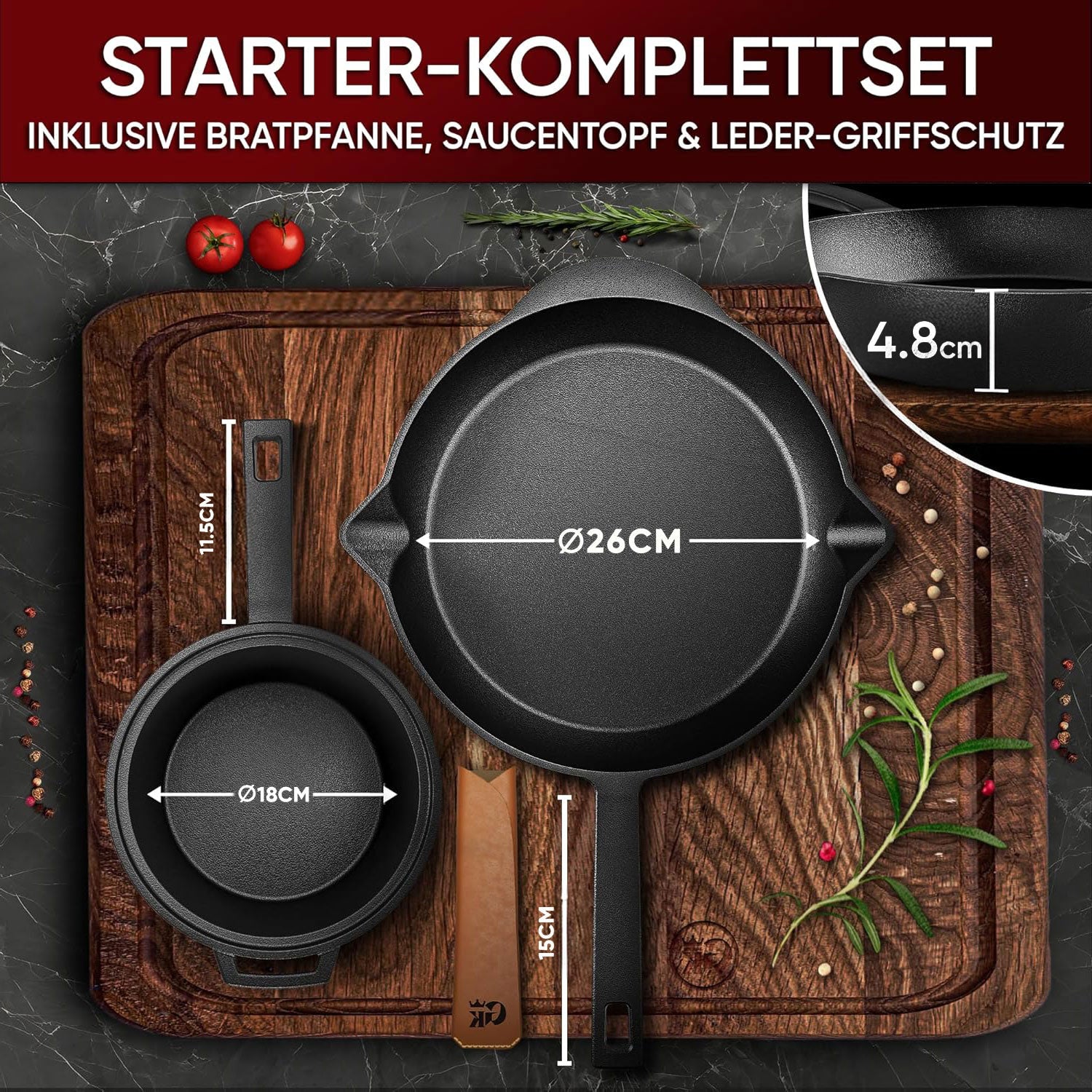 Eingebrannter Holz-Set 9-teilig – Dutch oven in Holzbox mit Bratpfanne + robustem Saucentopf + Untersetzer + 2in1 Deckelheber – inkl. Echtleder + Griffschutz +  Pflegepaste + Rezeptbuch + Gebrauchsanweisung