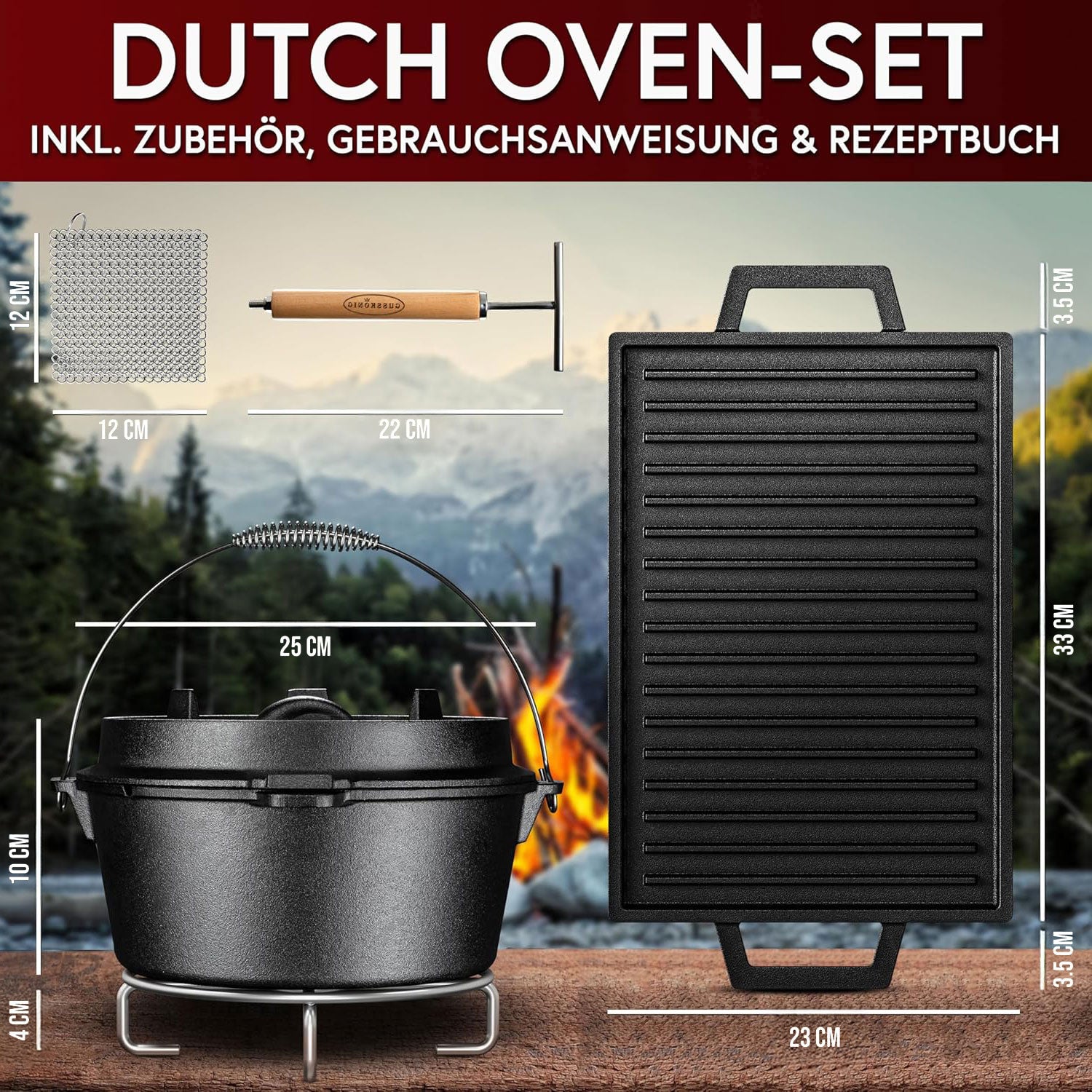 Eingebrannter Holz-Set 11-teilig – Dutch Oven in Holzbox mit Bratpfanne + robustem Saucentopf + Grillplatte + Untersetzer + 2in1 Deckelheber + Ringreiniger + Griffschutz – inkl. Pflegepaste + Rezeptbuch + Gebrauchsanweisung