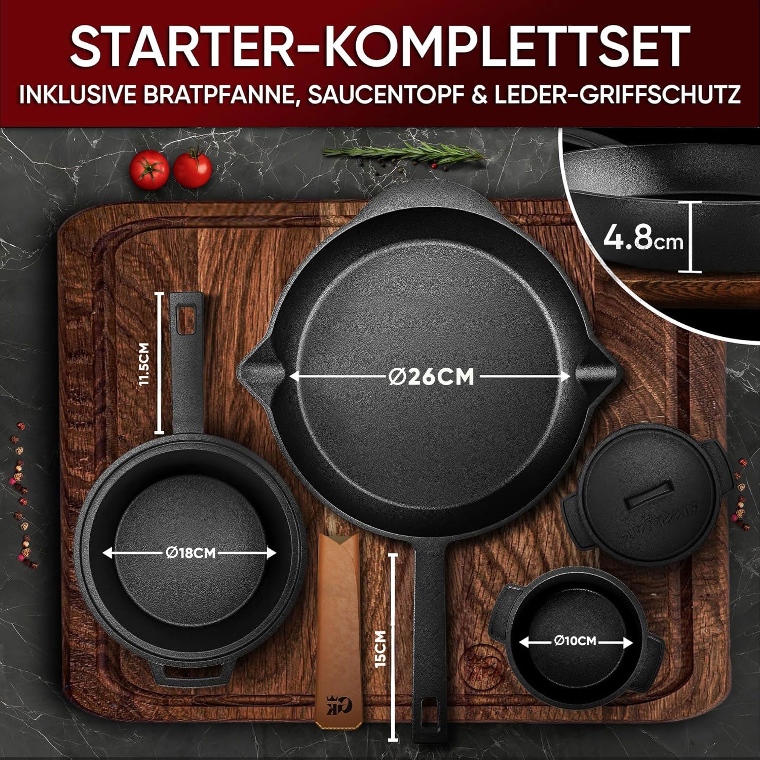 Eingebrannter Holz-Set 14-teilig – Dutch Oven in Holzbox mit Bratpfanne + robustem Saucentopf + Grillplatte + 2 Stk Mini Dutch Oven + Untersetzer + 2in1 Deckelheber + Ringreiniger + Stapelrost + Griffschutz – inkl. Pflegepaste + Rezeptbuch