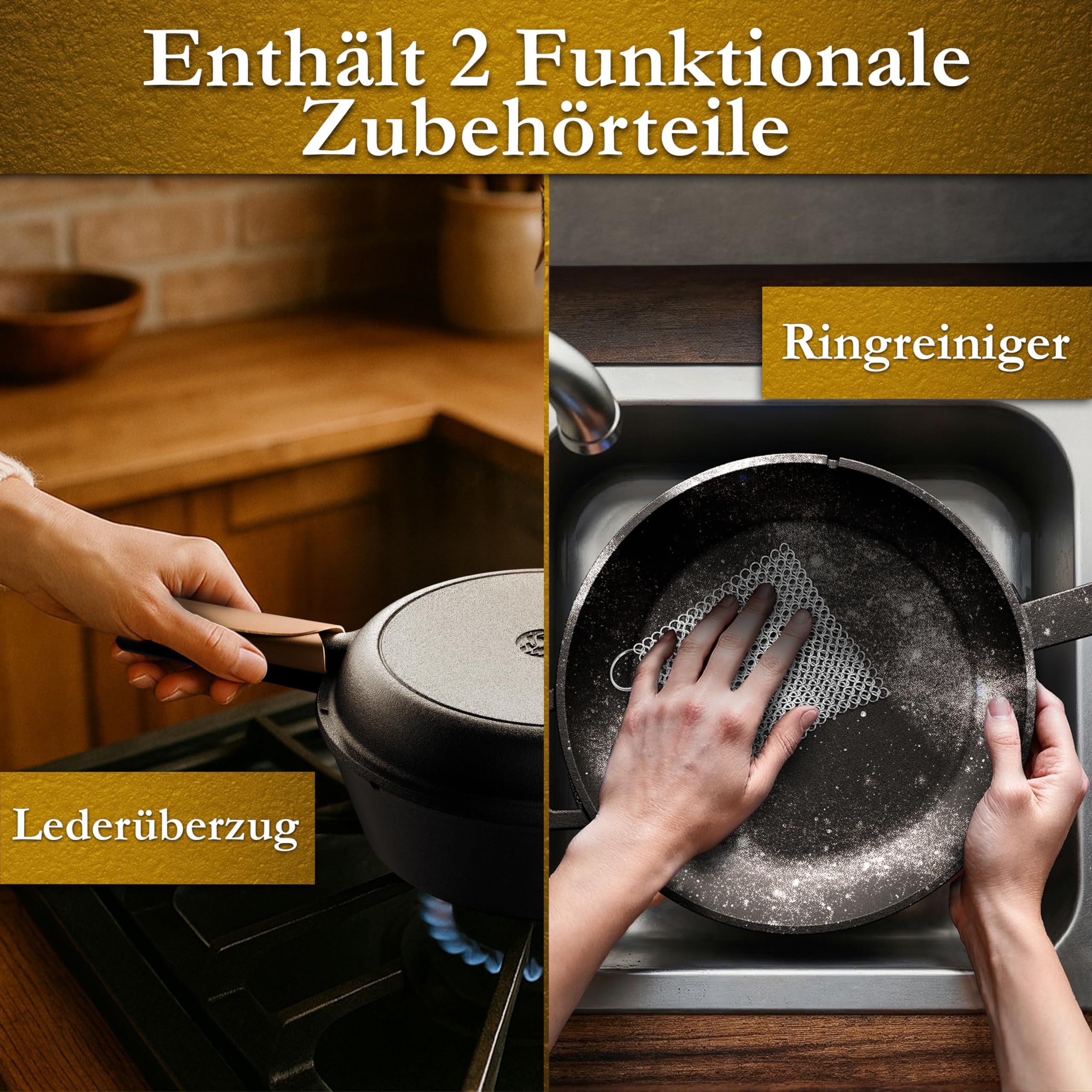Eingebrannter Gusseisen 3L Topf & 1,5L Pfanne zum Brotbacken mit Deckel – inkl. Gärkörbchen + Echtleder-Griffe + Pflegepaste +  Rezeptbuch + Gebrauchsanweisung