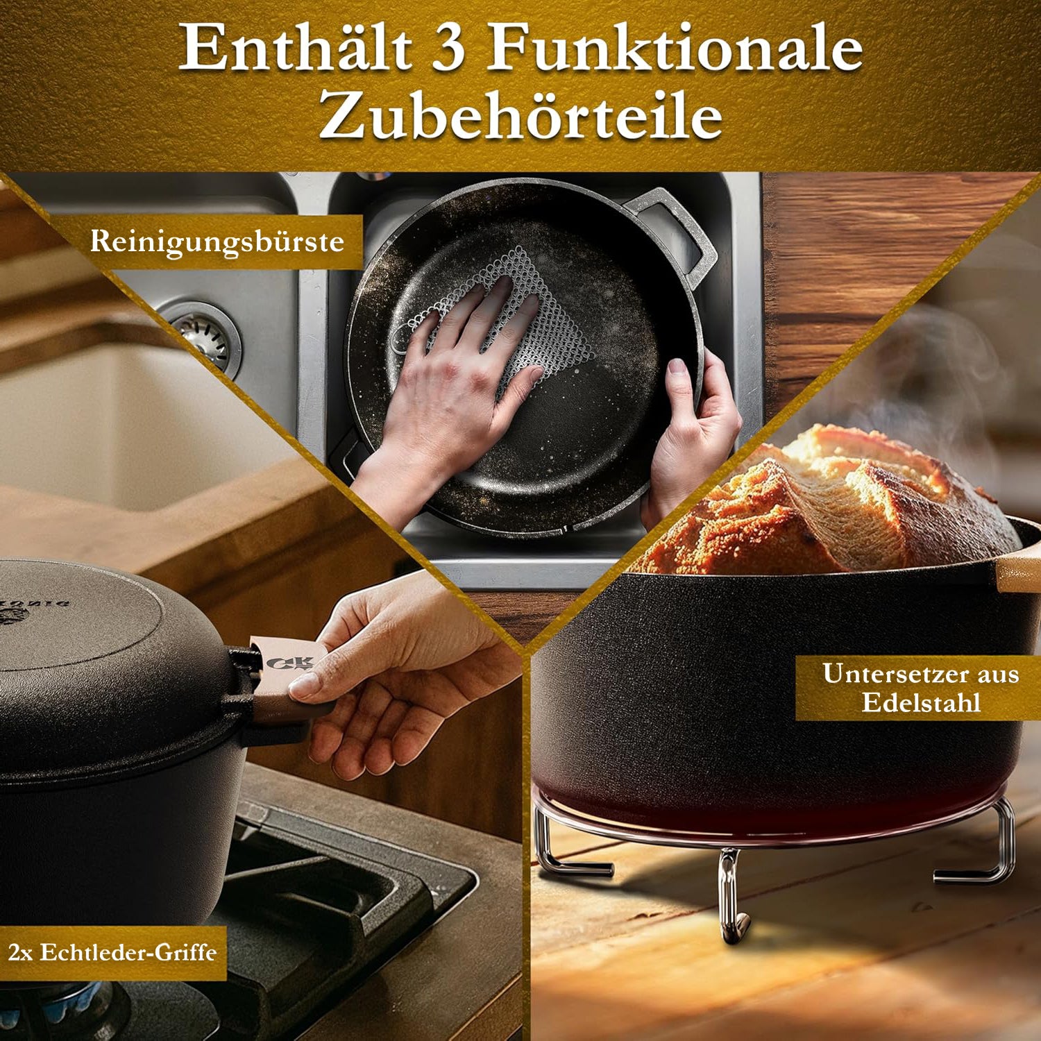 Eingebrannter Gusseisen 4,8L Topf & 1,8L Pfanne zum Brotbacken mit Deckel – inkl. Gärkörbchen + Echtleder-Griffe + Pflegepaste +  Rezeptbuch + Gebrauchsanweisung