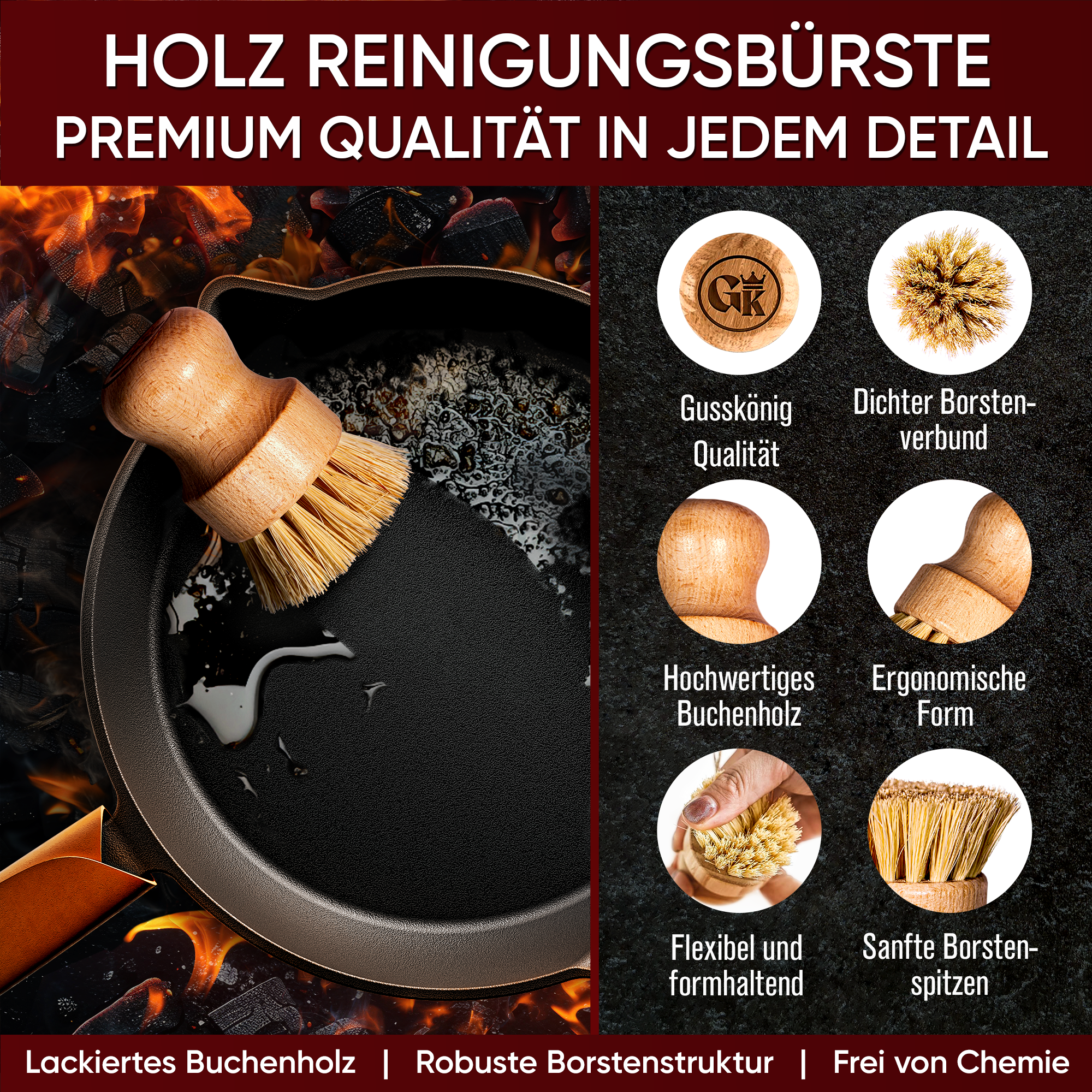 GUSSKÖNIG Holz-Spülbürste mit natürlichen Sisalborsten – schonende Bürste für Gusseisen, Töpfe & Pfannen