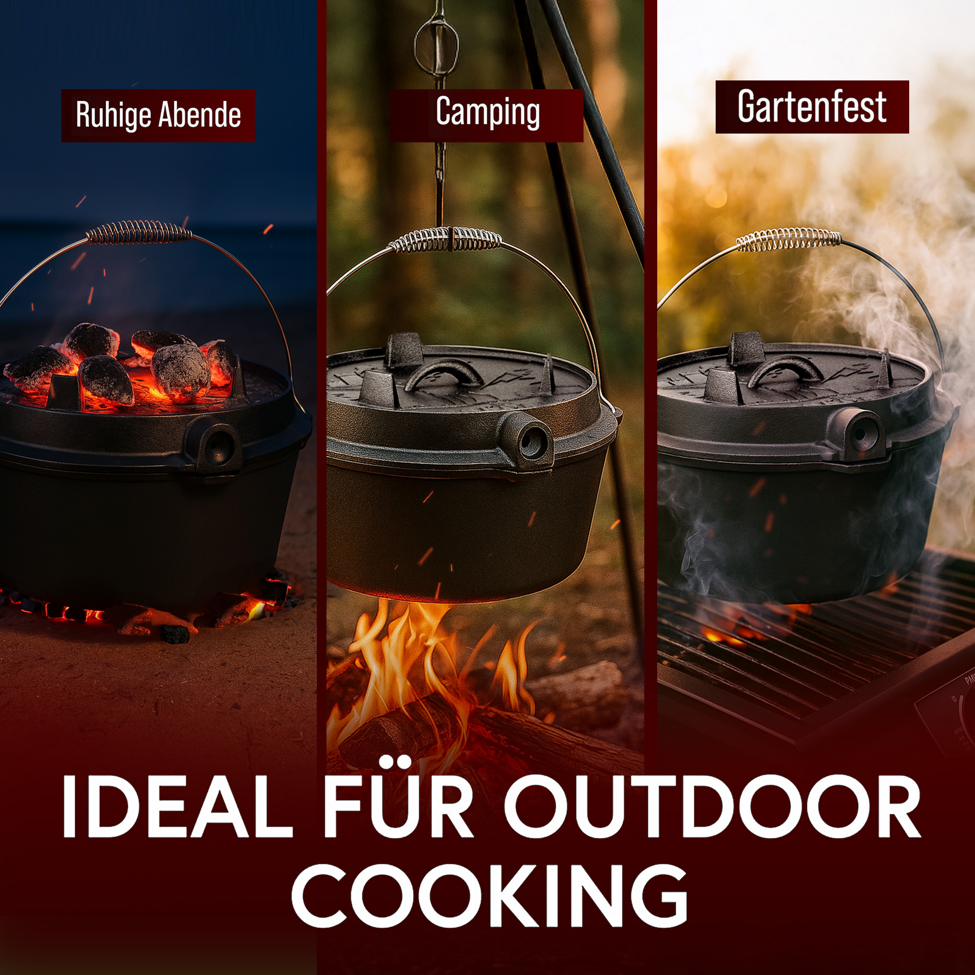 12 L ohne Füße Eingebrannter Dutch Oven Set – inkl. 2in1 Deckelheber + Untersetzer + Bürste + Pflegepaste + Rezeptbuch + Gebrauchsanweisung – Schmortopf Doppelfunktion  [für 10-16 Personen]