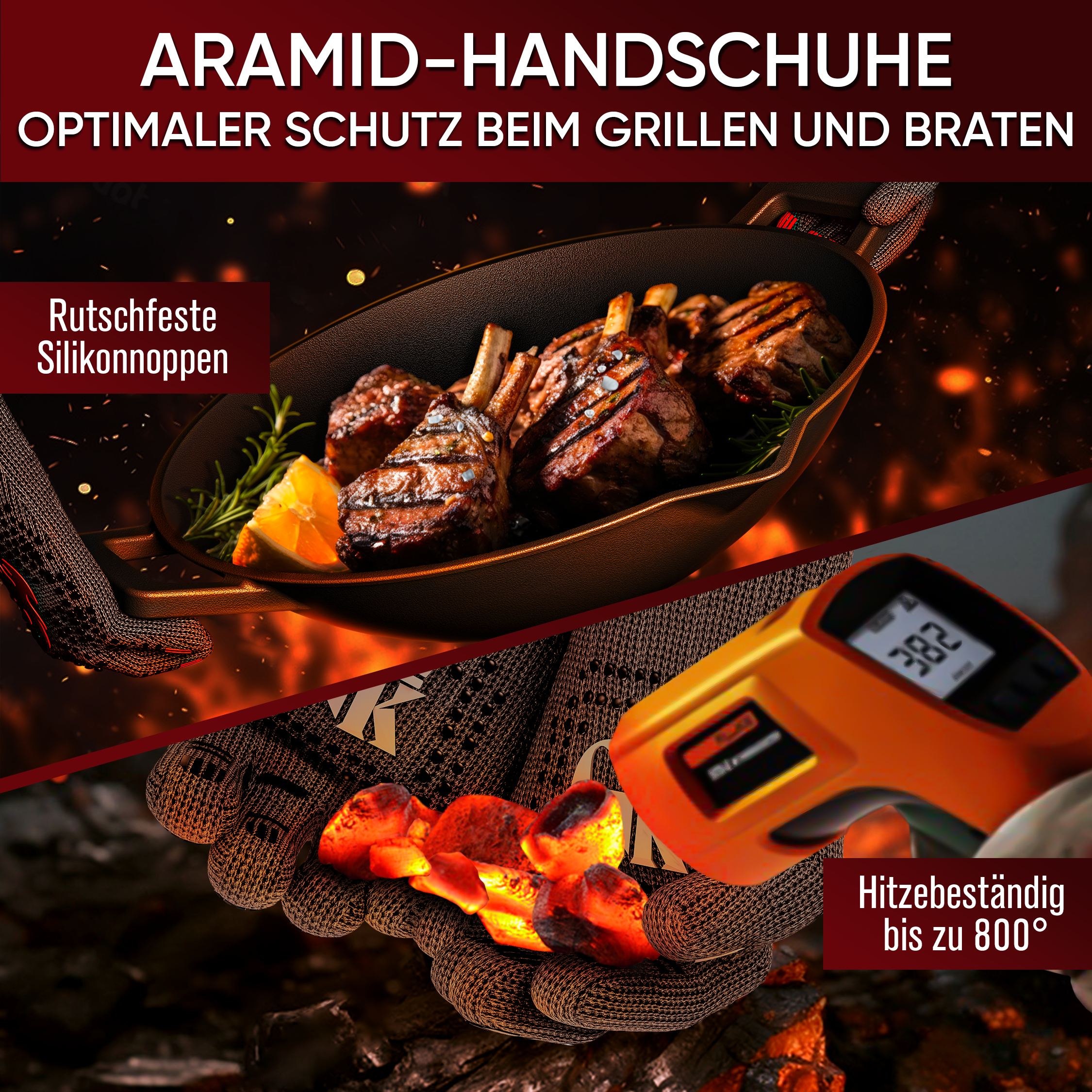 Grillhandschuhe hitzebeständig bis 800 Grad (L) - feuerfeste Handschuhe aus Aramid - Grillhandschuh Kochhandschuhe für Indoor&Outdoor Kochen