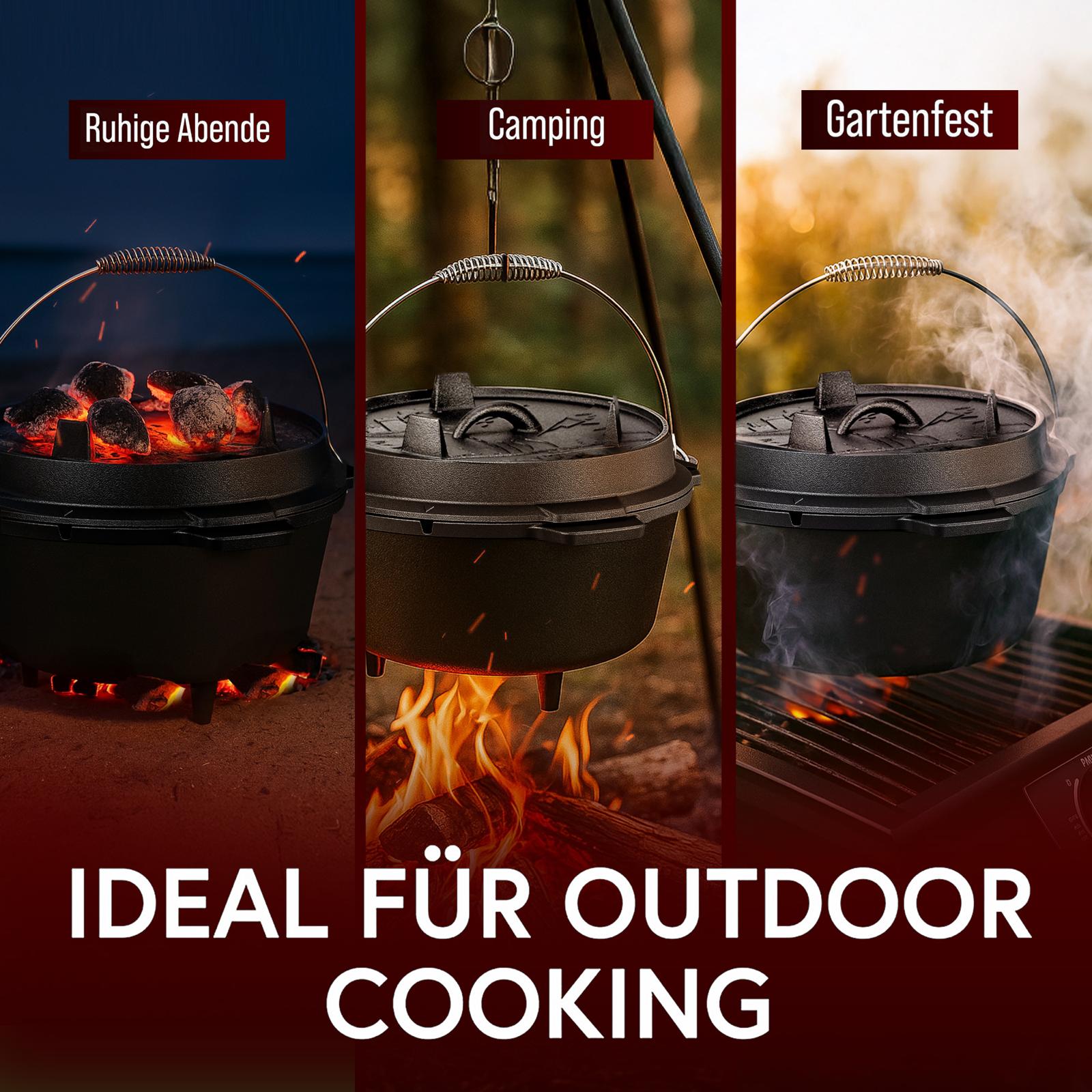 12 L ohne Füße Klassisch Dutch Oven Set – inkl. Deckelheber + Edelstahl-Untersetzer + Pflegepaste + Rezeptbuch + Gebrauchsanweisung– Schmortopf Doppelfunktion [für 10 -16 Personen]