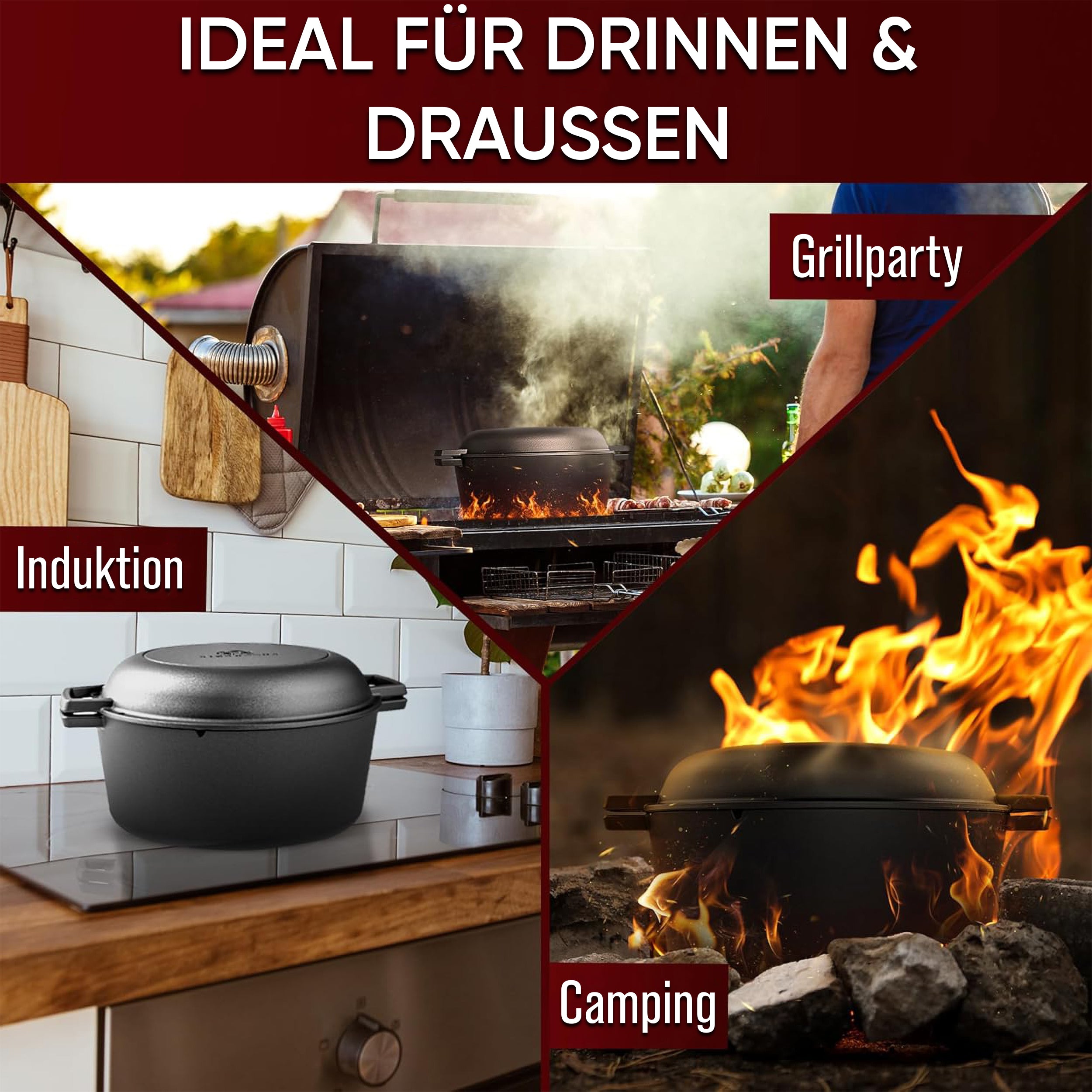 2in1 Dutch Oven Set – Gusseisen Topf 4,8L & Gusspfanne 1,8L – inkl. Ringreiniger + Pflegepaste + Untersetzer + Echtleder-Griffe + Gebrauchsanweisung – Schmortopf Doppelfunktion [für 3-6 Personen]