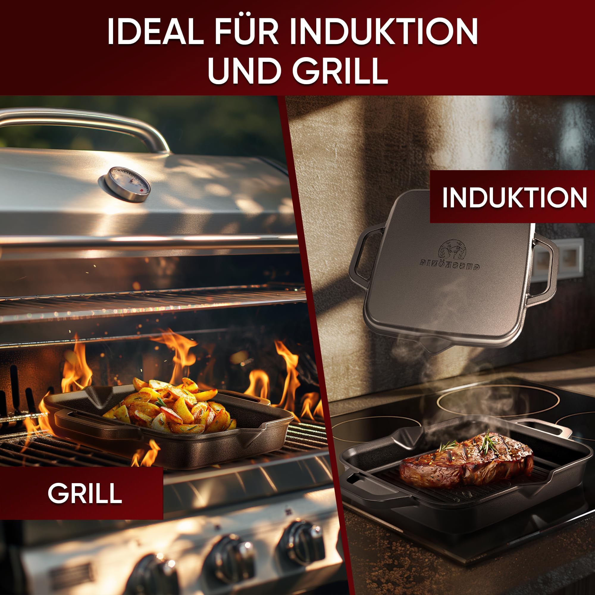 Eingebrannte Grillpfanne 26cm – inkl. Pflegepaste + Ringreiniger + Rezeptbuch + Gebrauchsanweisung