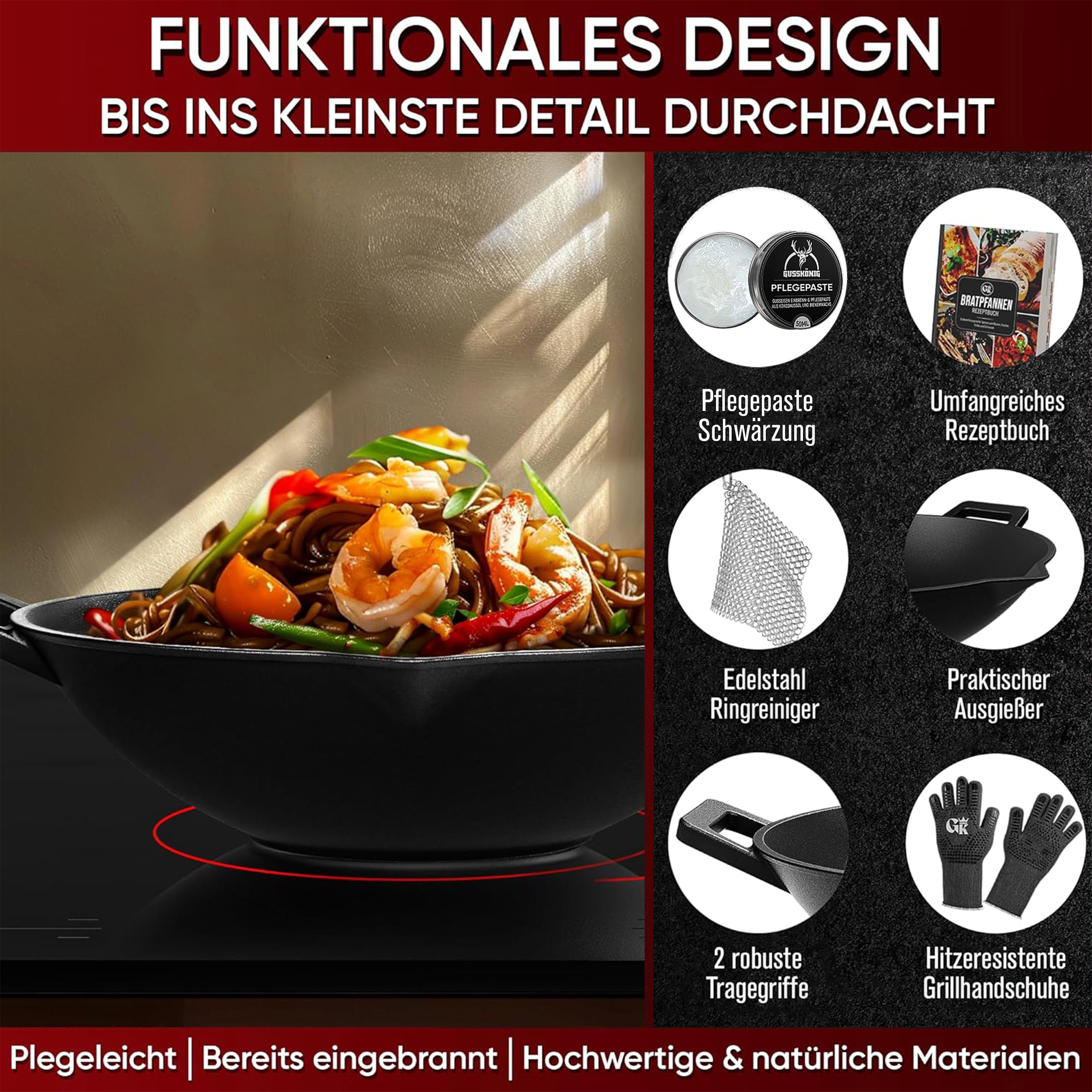 Eingebrannte Wok Pfanne 36cm –  inkl. Pflegepaste + Ringreiniger + Grillhandschuhe + Rezeptbuch + Gebrauchsanweisung