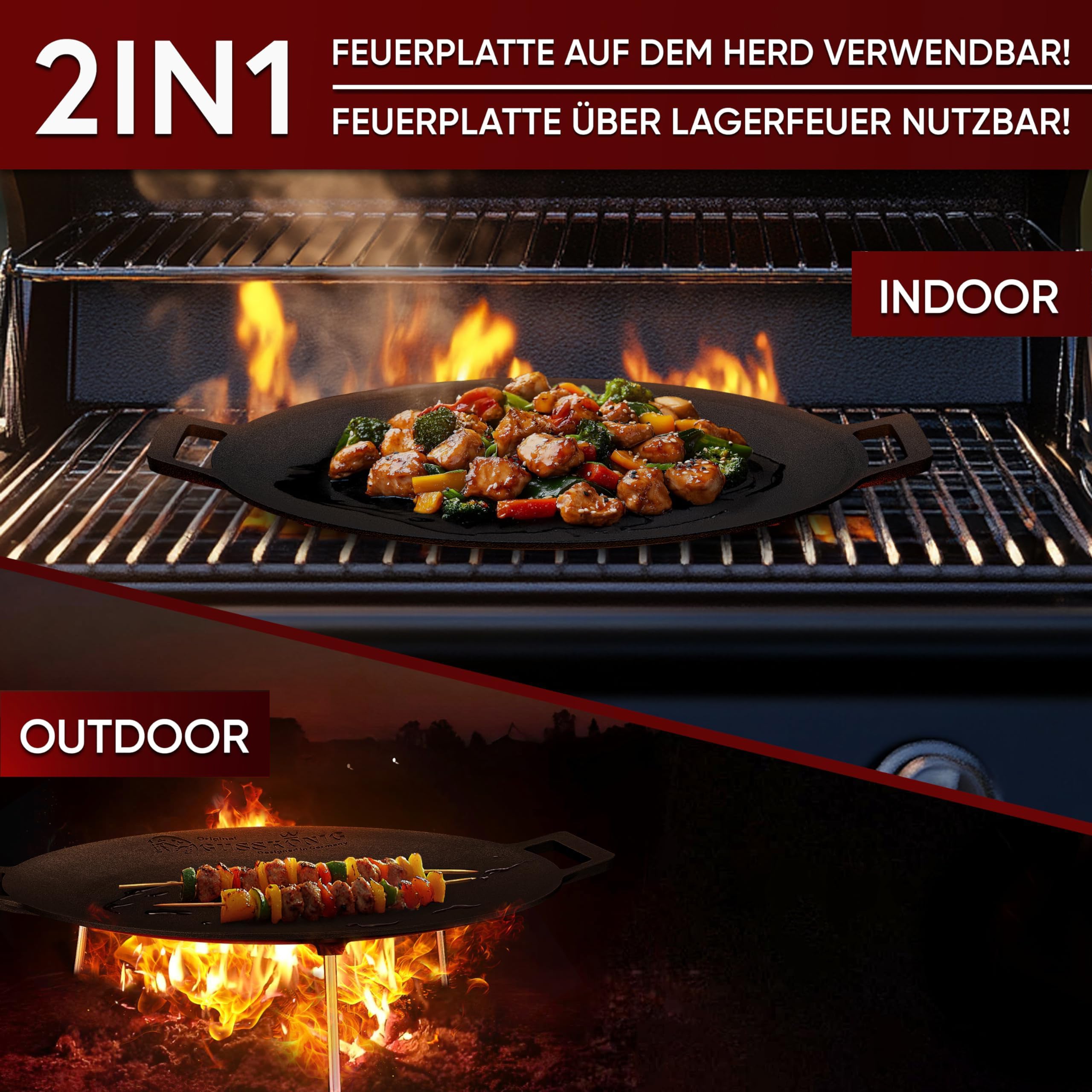Eingebrannter runde Gusseisen-Grillplatte Ø 42cm mit 3 Edelstahl-Beinen – inkl. Pflegepaste + Rezeptbuch + Gebrauchsanweisung