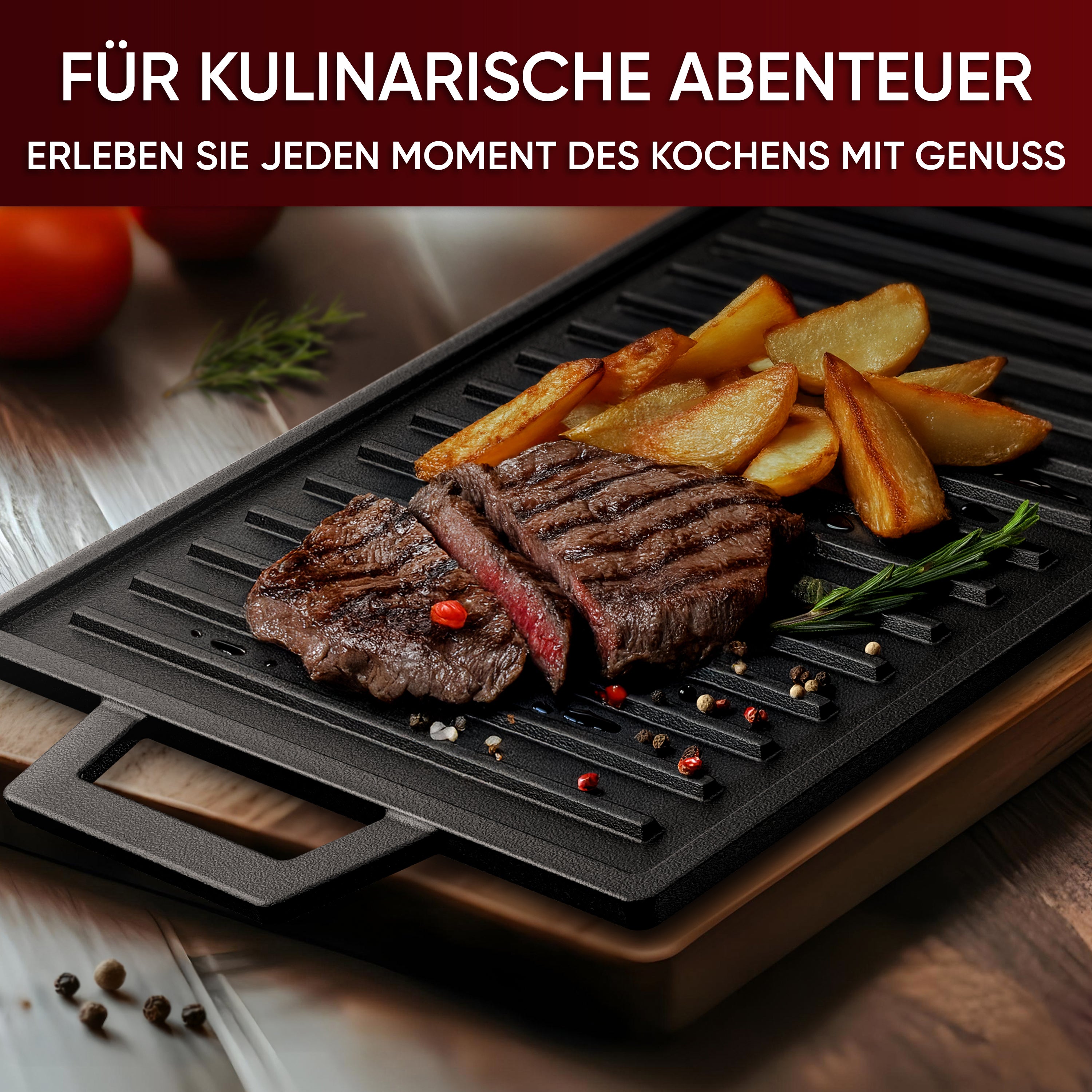 Eingebrannter Grillplatte mit Griffen, 33 cm – inkl. Pflegepaste + Rezeptbuch + Gebrauchsanweisung