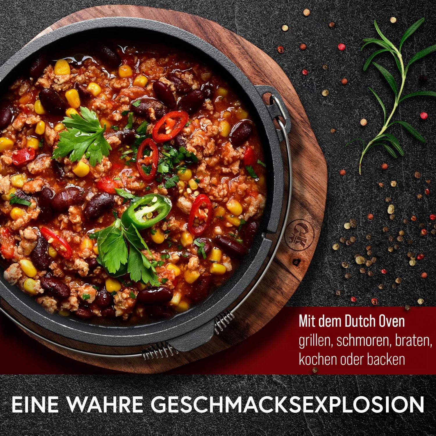 Eingebrannter Holz-Set 9-teilig – Dutch oven in Holzbox mit Bratpfanne + robustem Saucentopf + Untersetzer + 2in1 Deckelheber – inkl. Echtleder + Griffschutz +  Pflegepaste + Rezeptbuch + Gebrauchsanweisung