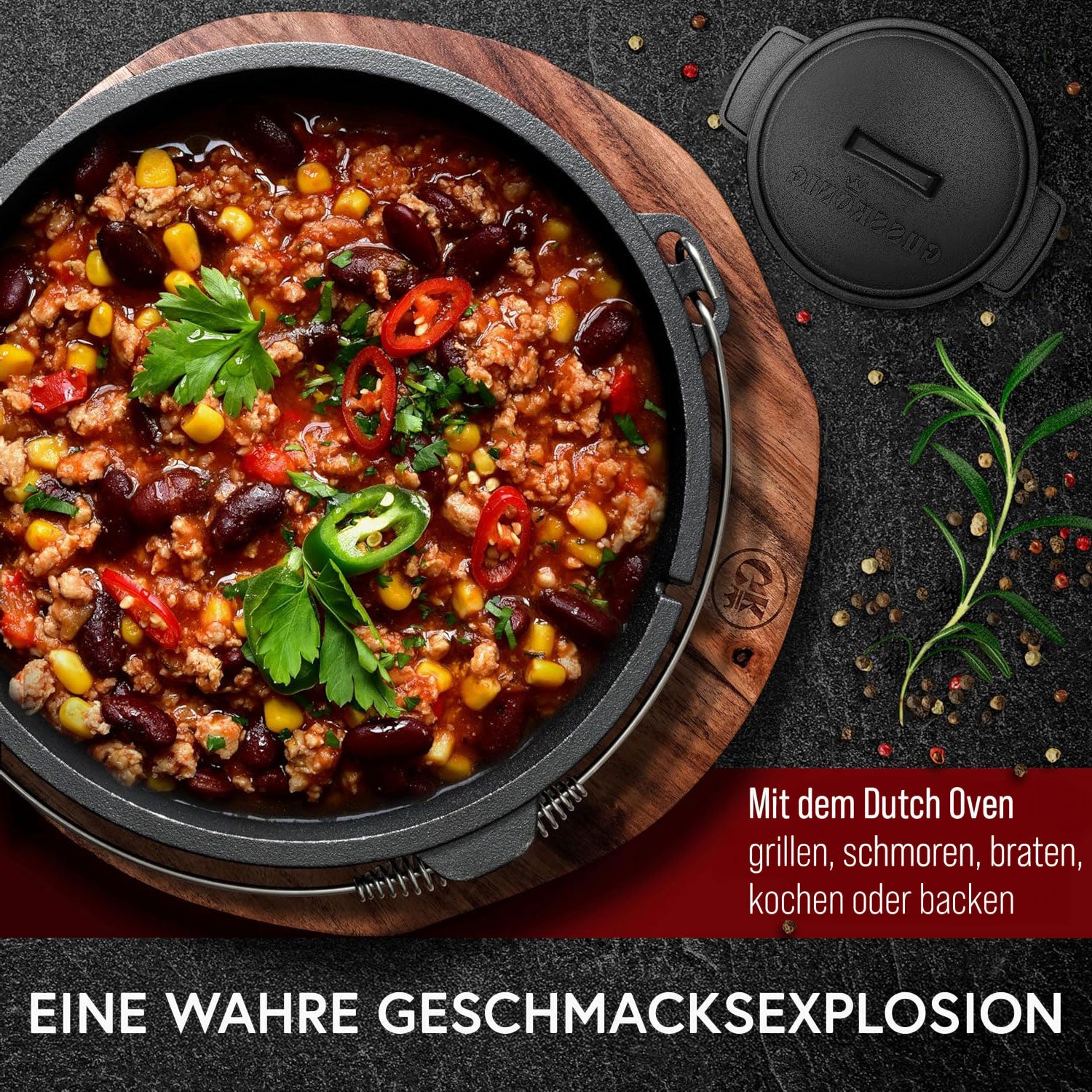 Eingebrannter Holz-Set 11-teilig – Dutch Oven in Holzbox mit Bratpfanne + robustem Saucentopf + Grillplatte + Untersetzer + 2in1 Deckelheber + Ringreiniger + Griffschutz – inkl. Pflegepaste + Rezeptbuch + Gebrauchsanweisung