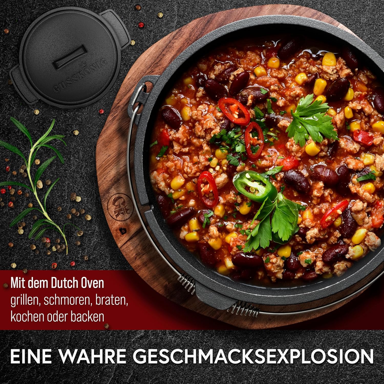 Eingebrannter Holz-Set 14-teilig – Dutch Oven in Holzbox mit Bratpfanne + robustem Saucentopf + Grillplatte + 2 Stk Mini Dutch Oven + Untersetzer + 2in1 Deckelheber + Ringreiniger + Stapelrost + Griffschutz – inkl. Pflegepaste + Rezeptbuch