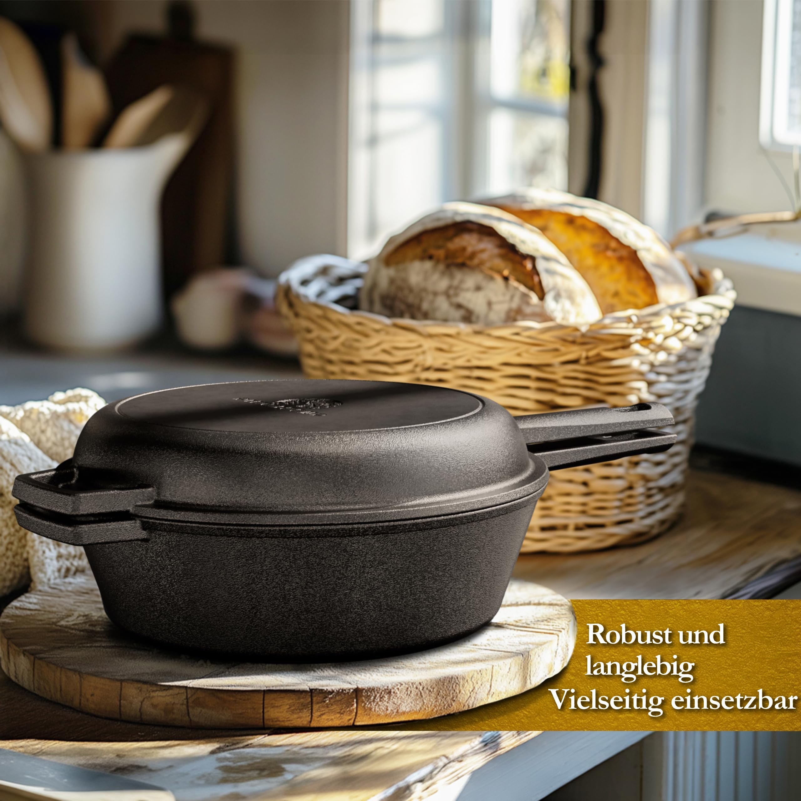 Eingebrannter Gusseisen 3L Topf & 1,5L Pfanne zum Brotbacken mit Deckel – inkl. Gärkörbchen + Echtleder-Griffe + Pflegepaste +  Rezeptbuch + Gebrauchsanweisung
