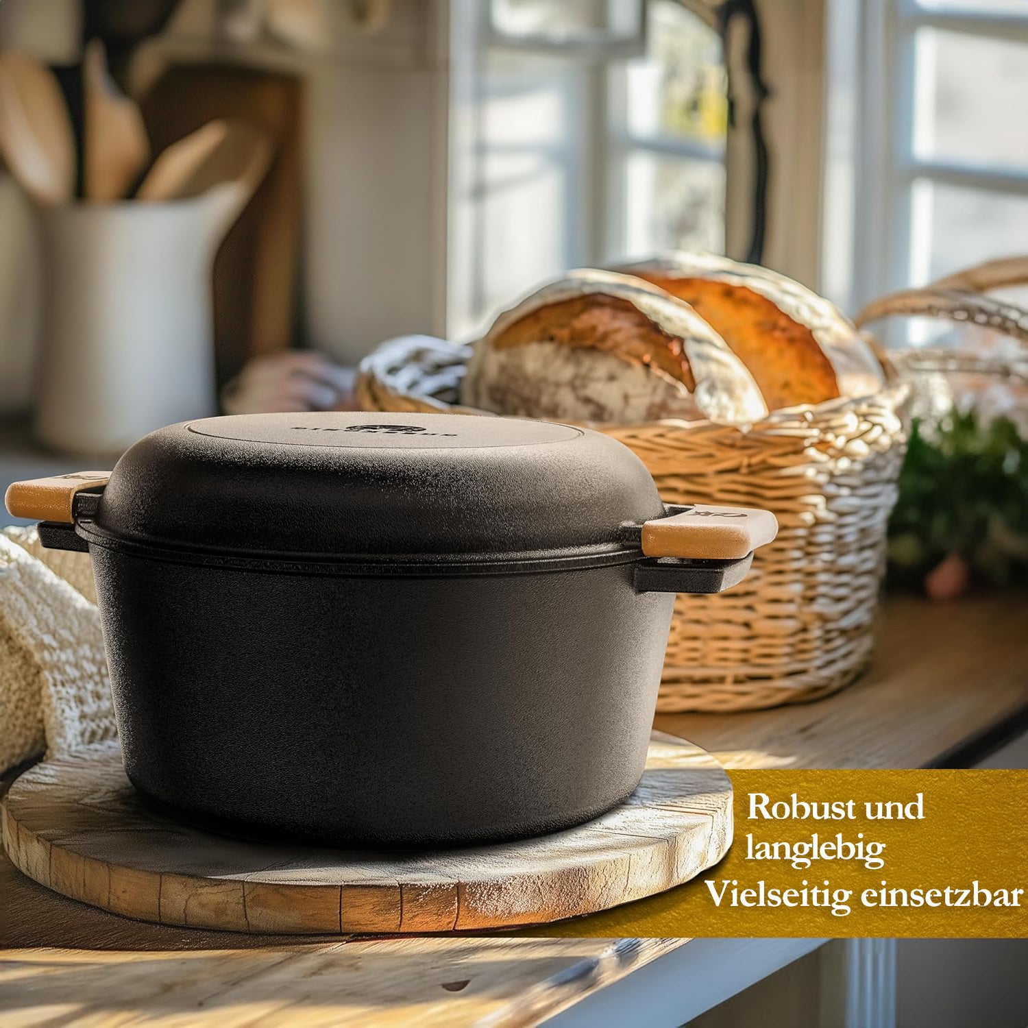Eingebrannter Gusseisen 4,8L Topf & 1,8L Pfanne zum Brotbacken mit Deckel – inkl. Gärkörbchen + Echtleder-Griffe + Pflegepaste +  Rezeptbuch + Gebrauchsanweisung