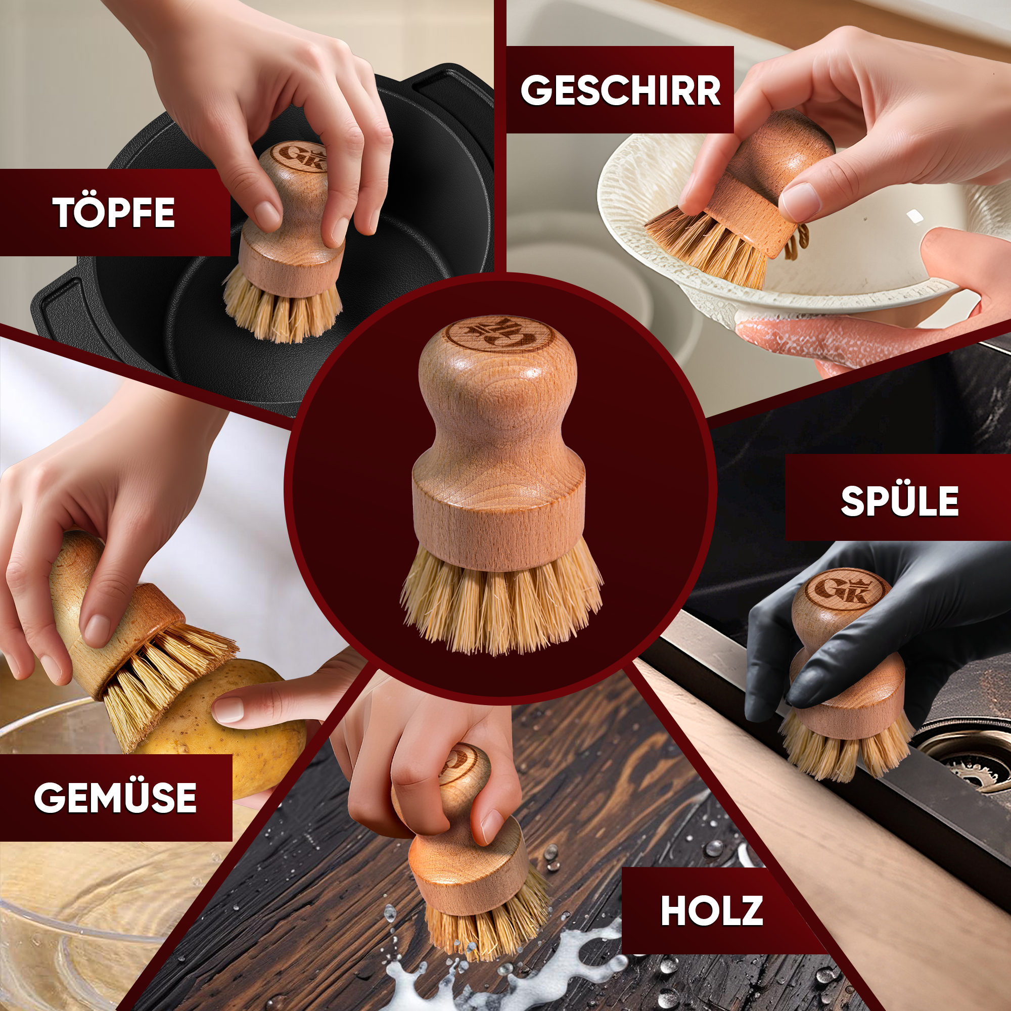 GUSSKÖNIG Holz-Spülbürste mit natürlichen Sisalborsten – schonende Bürste für Gusseisen, Töpfe & Pfannen