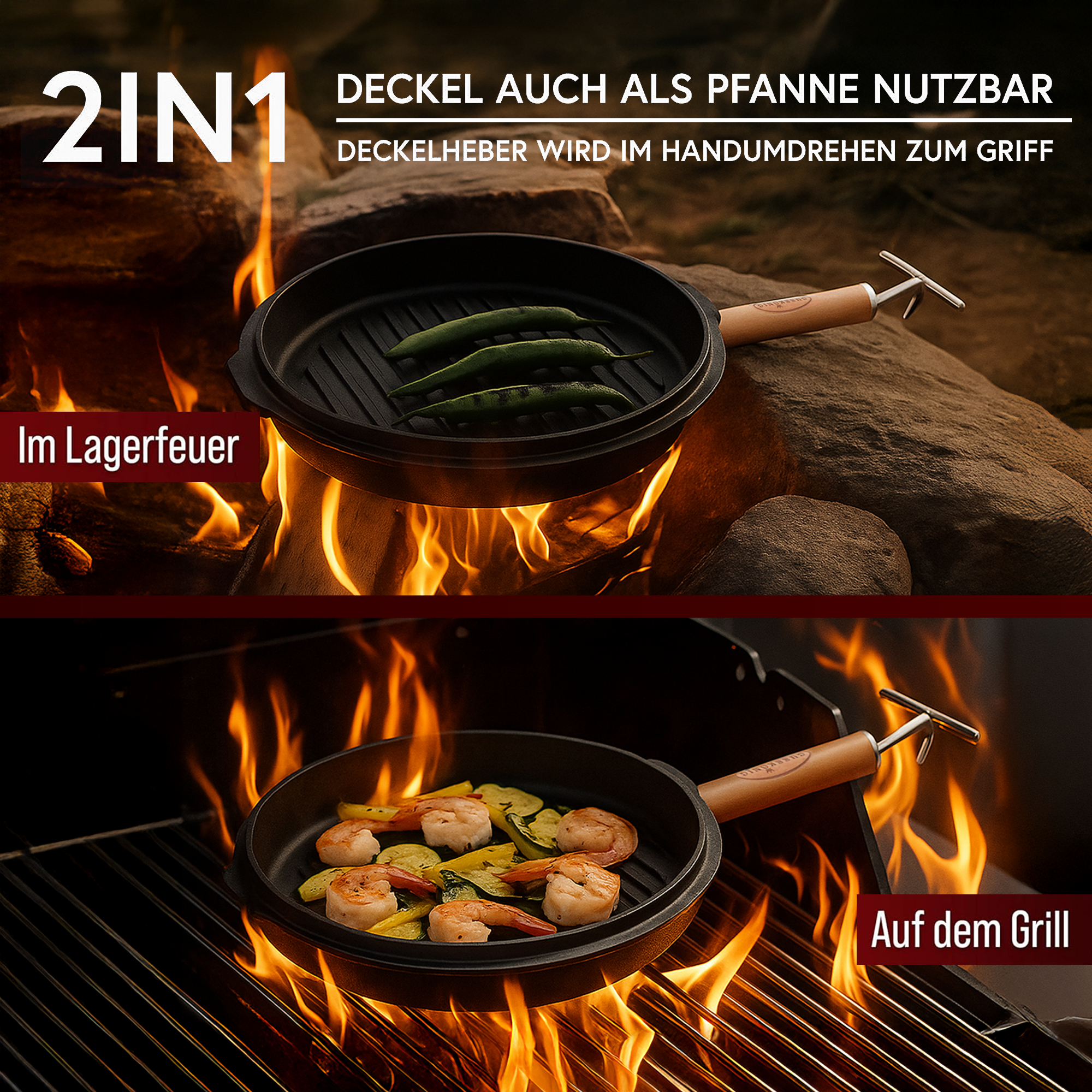12 L ohne Füße Eingebrannter Dutch Oven Set – inkl. 2in1 Deckelheber + Untersetzer + Bürste + Pflegepaste + Rezeptbuch + Gebrauchsanweisung – Schmortopf Doppelfunktion  [für 10-16 Personen]