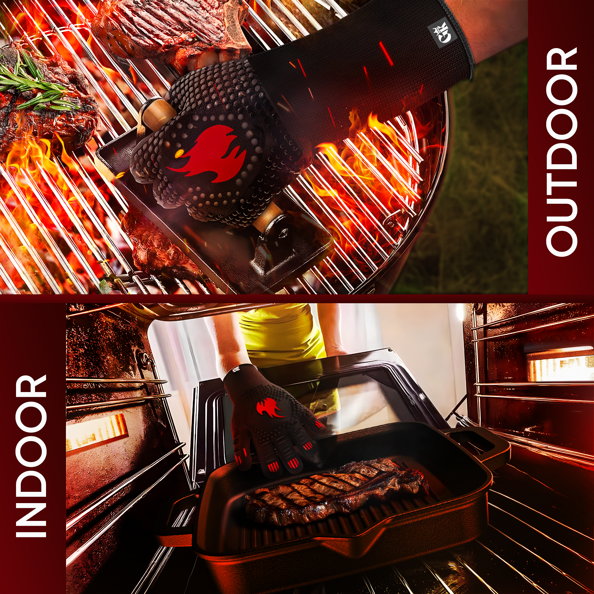 Grillhandschuhe hitzebeständig bis 800 Grad (M) - feuerfeste Handschuhe aus Aramid - Grillhandschuh Kochhandschuhe für Indoor&Outdoor Kochen