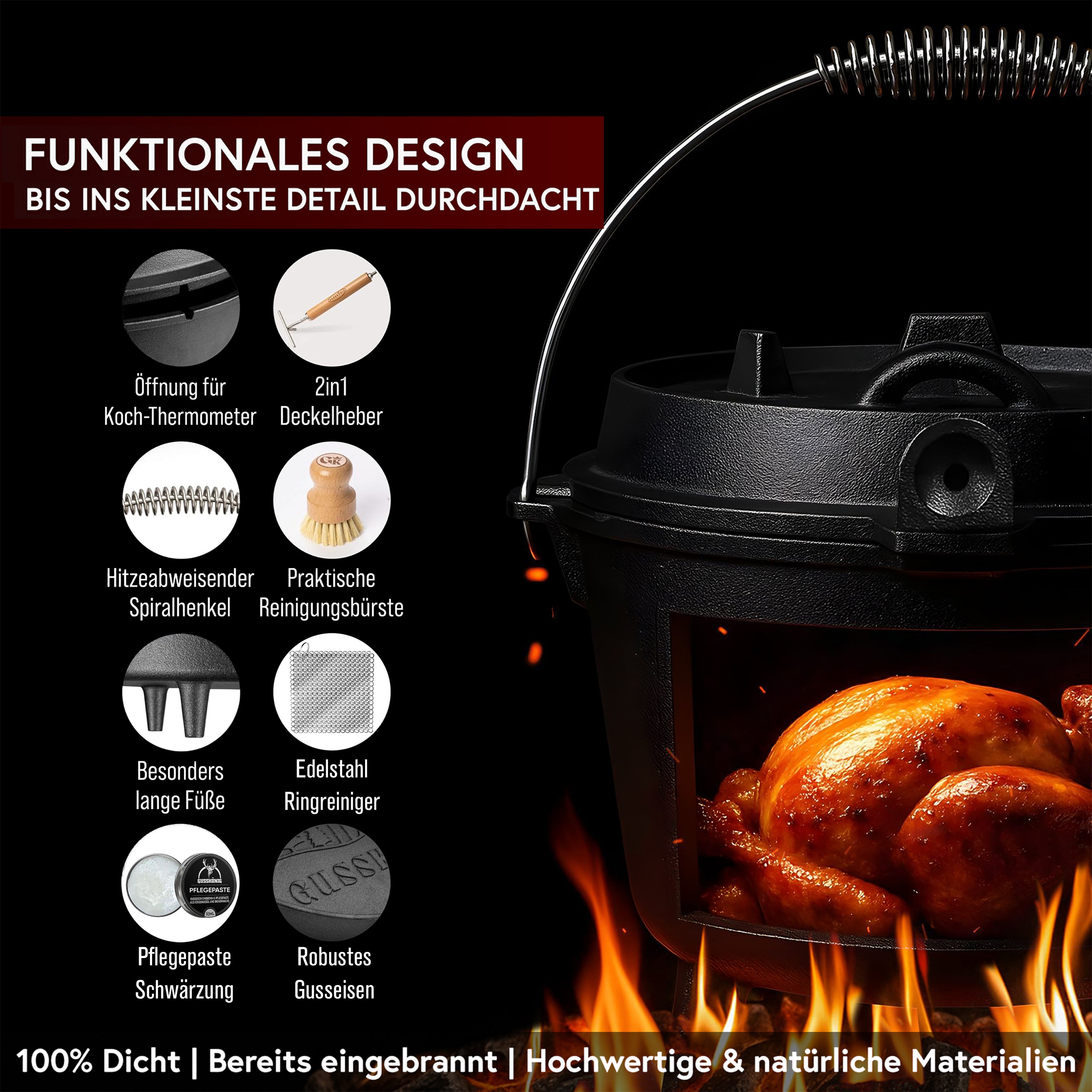 12 L mit Füße Eingebrannter Dutch Oven Set  – inkl. 2in1 Deckelheber + Ringreiniger + Bürste + Pflegepaste + Rezeptbuch + Gebrauchsanweisung – Schmortopf Doppelfunktion [für 10-16 Personen]