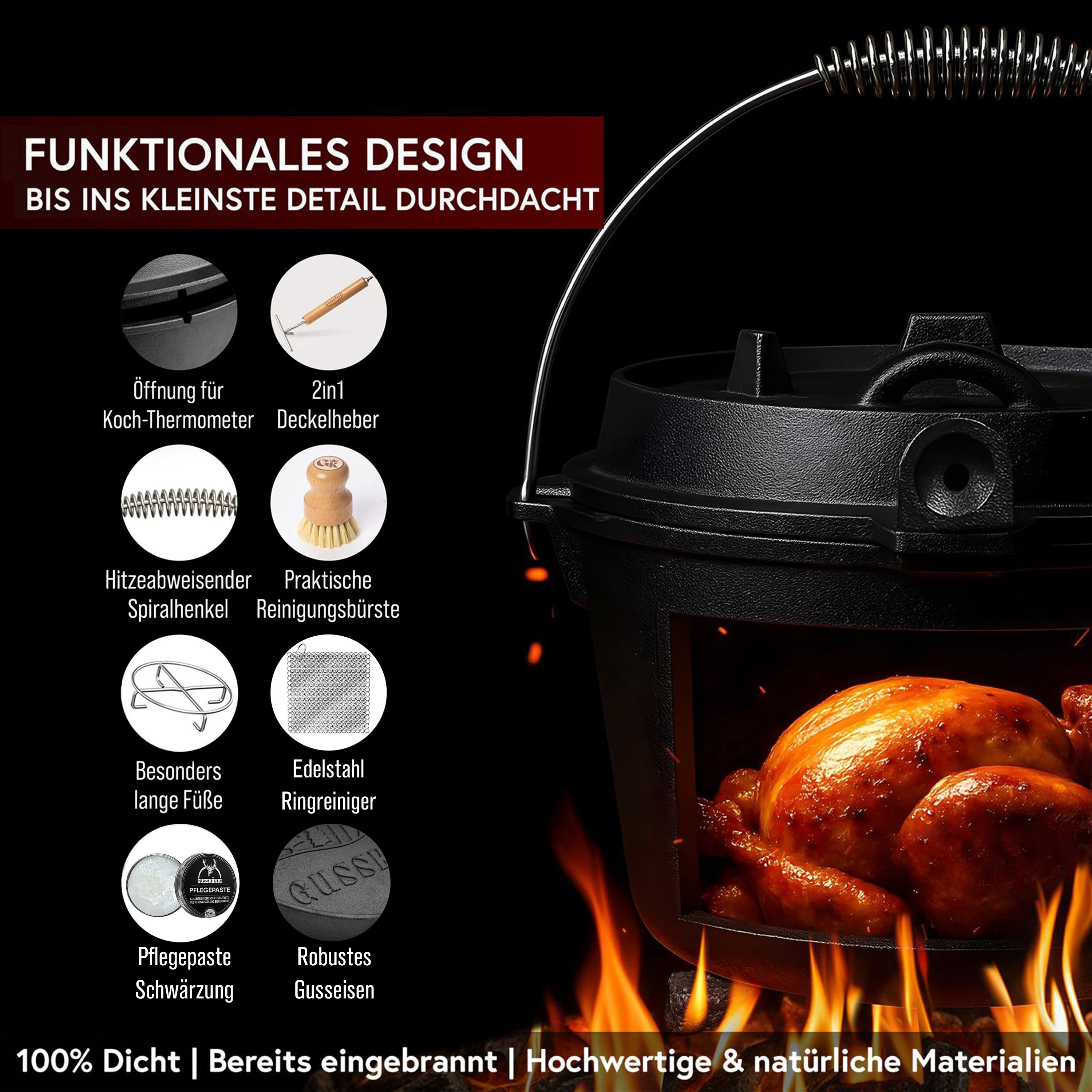 12 L ohne Füße Eingebrannter Dutch Oven Set – inkl. 2in1 Deckelheber + Untersetzer + Ringreiniger + Bürste + Pflegepaste + Rezeptbuch + Gebrauchsanweisung – Schmortopf Doppelfunktion  [für 10-16 Personen]