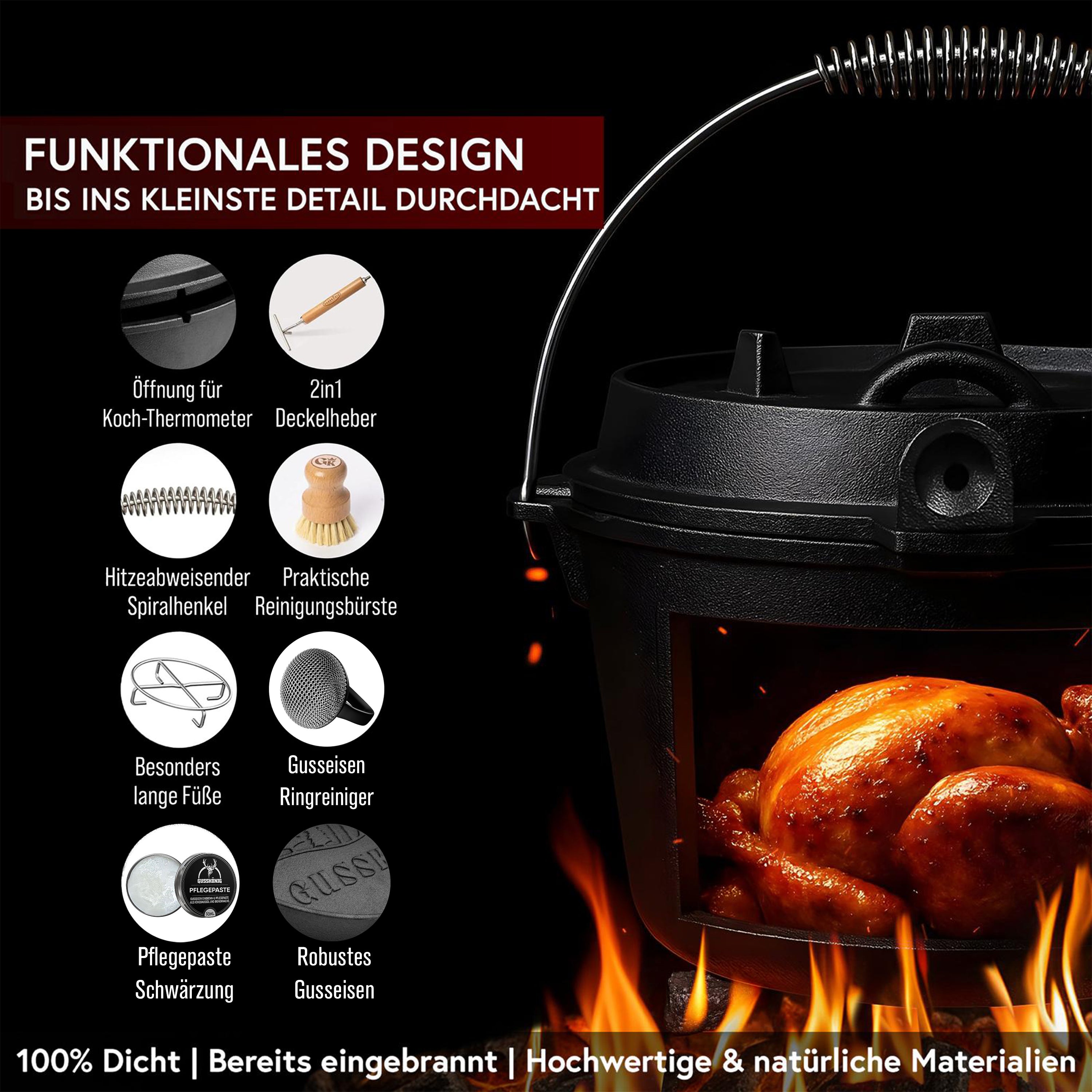 9 L ohne Füße Eingebrannter Dutch Oven Set – inkl. 2in1 Deckelheber + Untersetzer + Schrubber + Pflegepaste + Bürste + Rezeptbuch + Gebrauchsanweisung – Schmortopf Doppelfunktion [für 6-10 Personen]