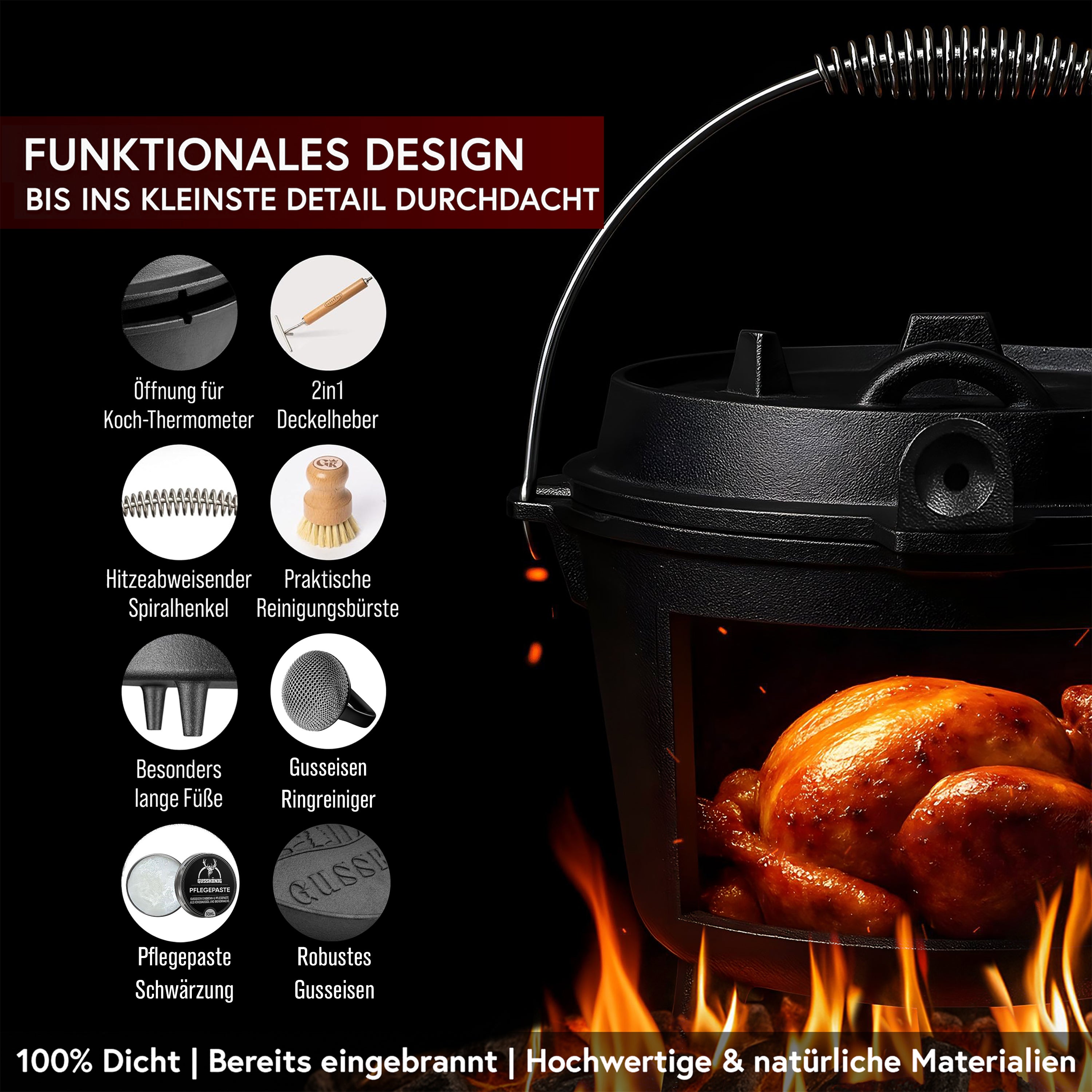 12 L mit Füße Eingebrannter Dutch Oven Set – inkl. 2in1 Deckelheber + Schrubber + Pflegepaste + Bürste + Rezeptbuch + Gebrauchsanweisung – Schmortopf Doppelfunktion [für 10-16 Personen]