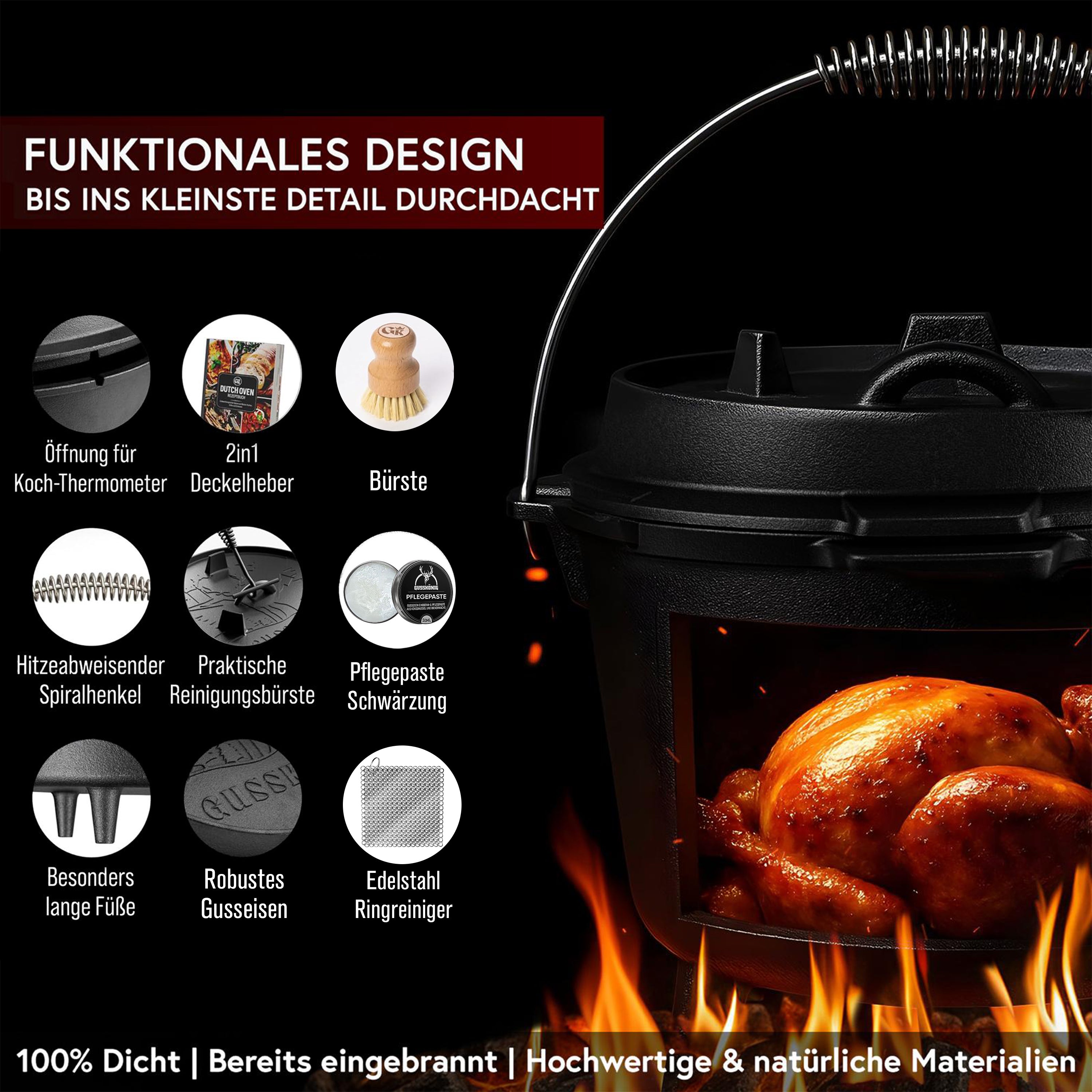 12 L mit Füße Klassisch Dutch Oven Set – inkl. Deckelheber + Ringreiniger + Bürste + Pflegepaste + Rezeptbuch + Gebrauchsanweisung – Schmortopf Doppelfunktion [für 10 - 16 Personen]