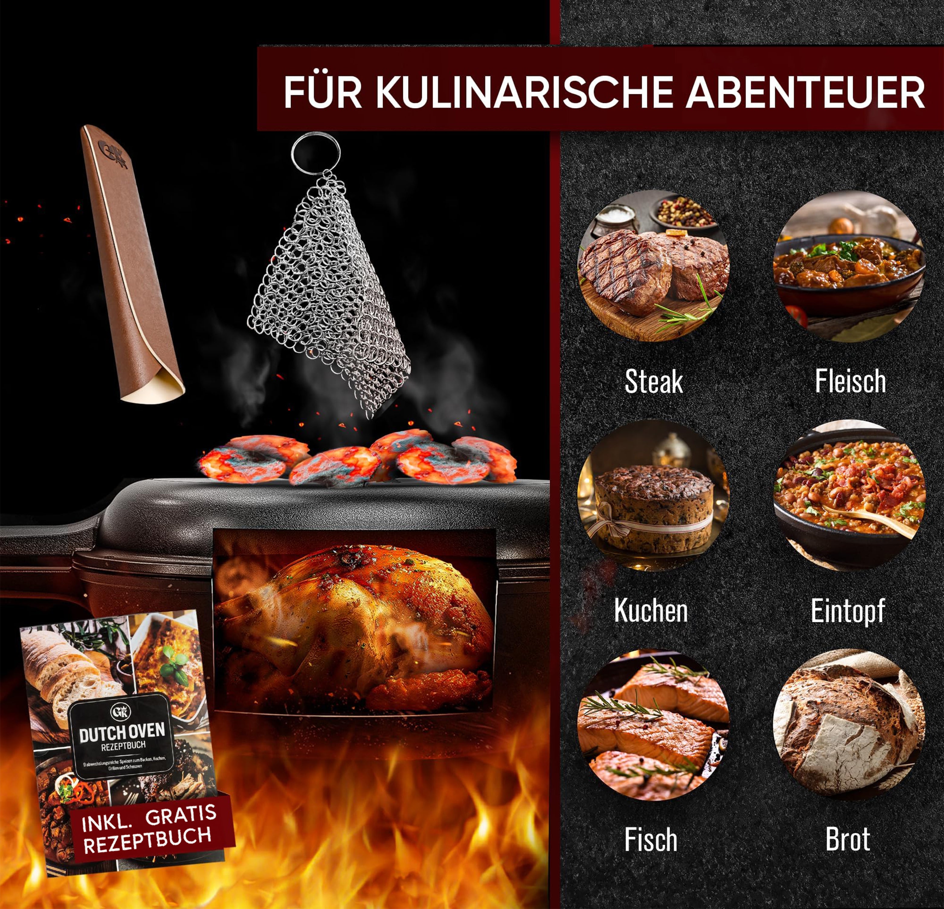 2in1 Pfanne Set – Gusseisen Topf 3L & Gusspfanne 1,5L – inkl. Ringreiniger + Pflegepaste + Echtleder-Griffe + Rezeptbuch + Gebrauchsanweisung – Schmortopf Doppelfunktion [für 2 - 4 Personen]