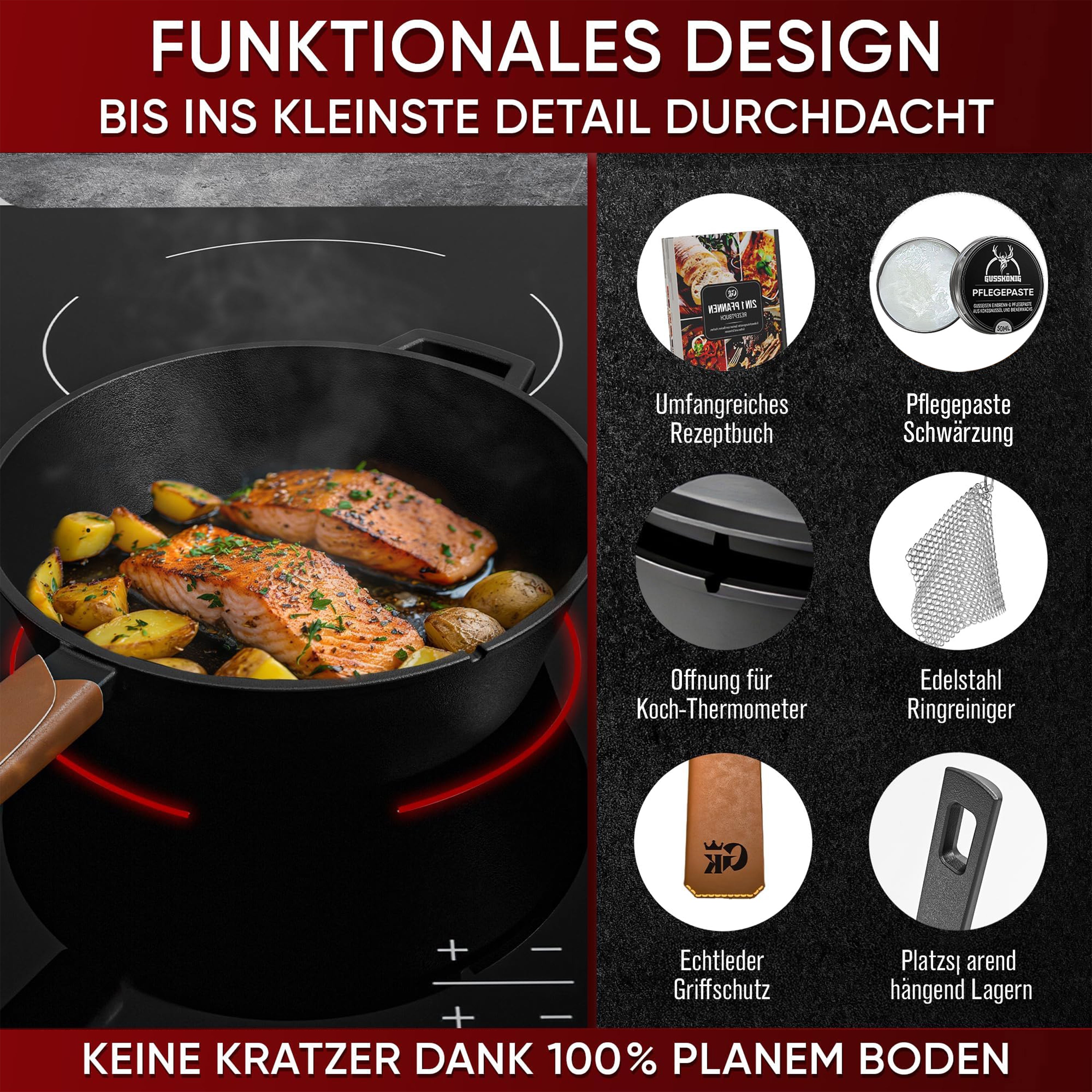 2in1 Pfanne Set – Gusseisen Topf 3L & Gusspfanne 1,5L – inkl. Ringreiniger + Pflegepaste + Echtleder-Griffe + Rezeptbuch + Gebrauchsanweisung – Schmortopf Doppelfunktion [für 2 - 4 Personen]