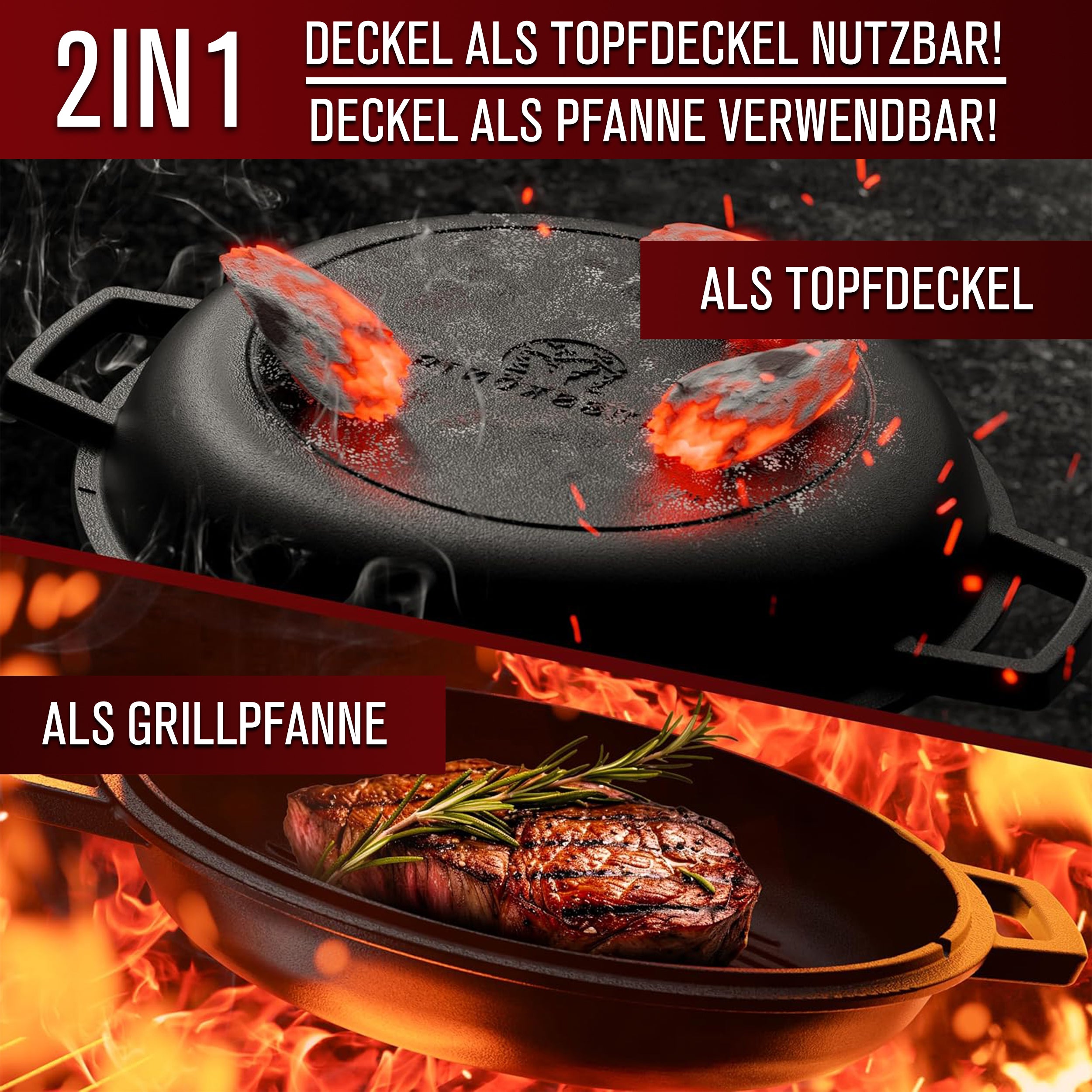2in1 Dutch Oven Set – Gusseisen Topf 4,8L & Gusspfanne 1,8L – inkl. Ringreiniger + Pflegepaste + Untersetzer + Echtleder-Griffe + Gebrauchsanweisung – Schmortopf Doppelfunktion [für 3-6 Personen]